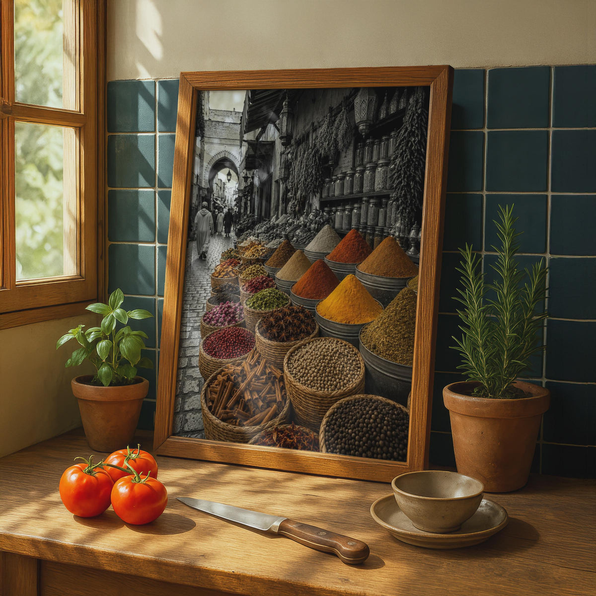Moroccan Spice Market Poster, Selective Color Souk Photography, Kitchen Wall Art