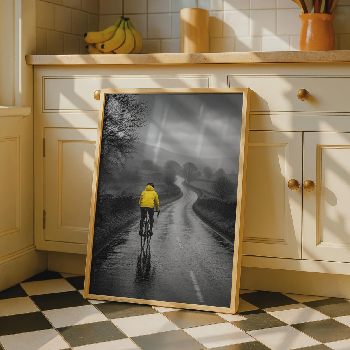 Cyclist in Rain Poster, Yellow Jacket Road Cycling Art, Black White Country Lane (Print)
