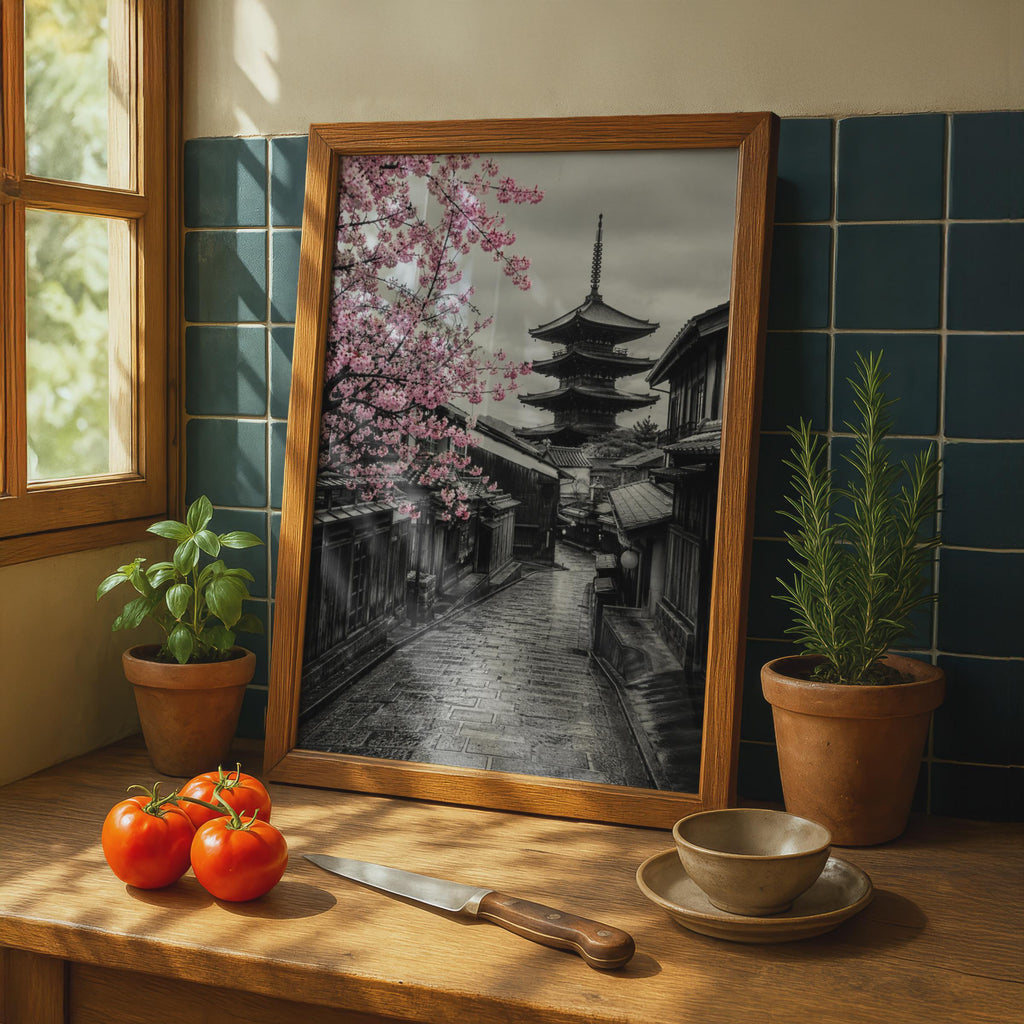 Kyoto Pagoda Cherry Blossom Poster, Japanese Street Art, Sakura Gion Decor