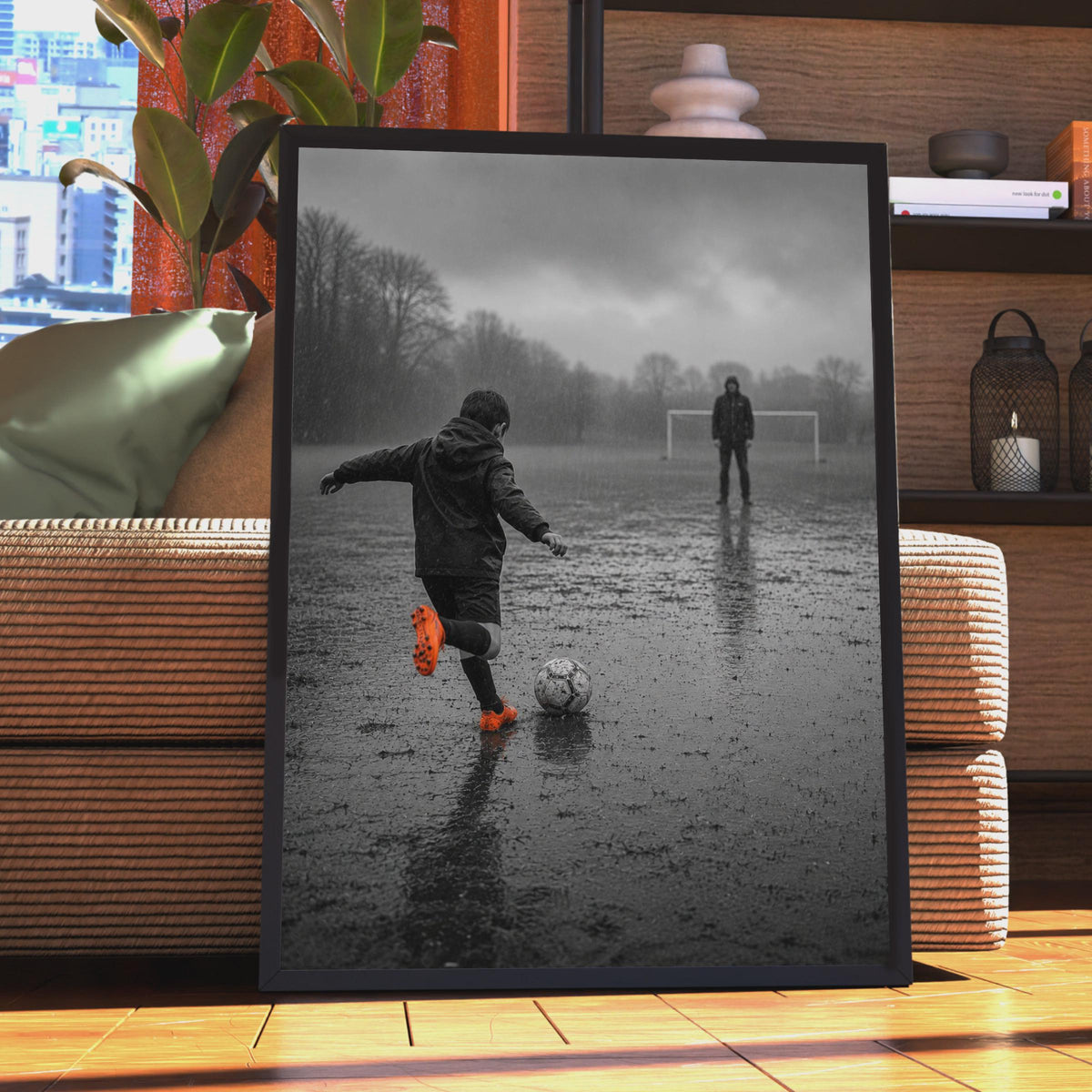 Black and White Football Poster, Rainy Pitch Art, Orange Boots (Print)