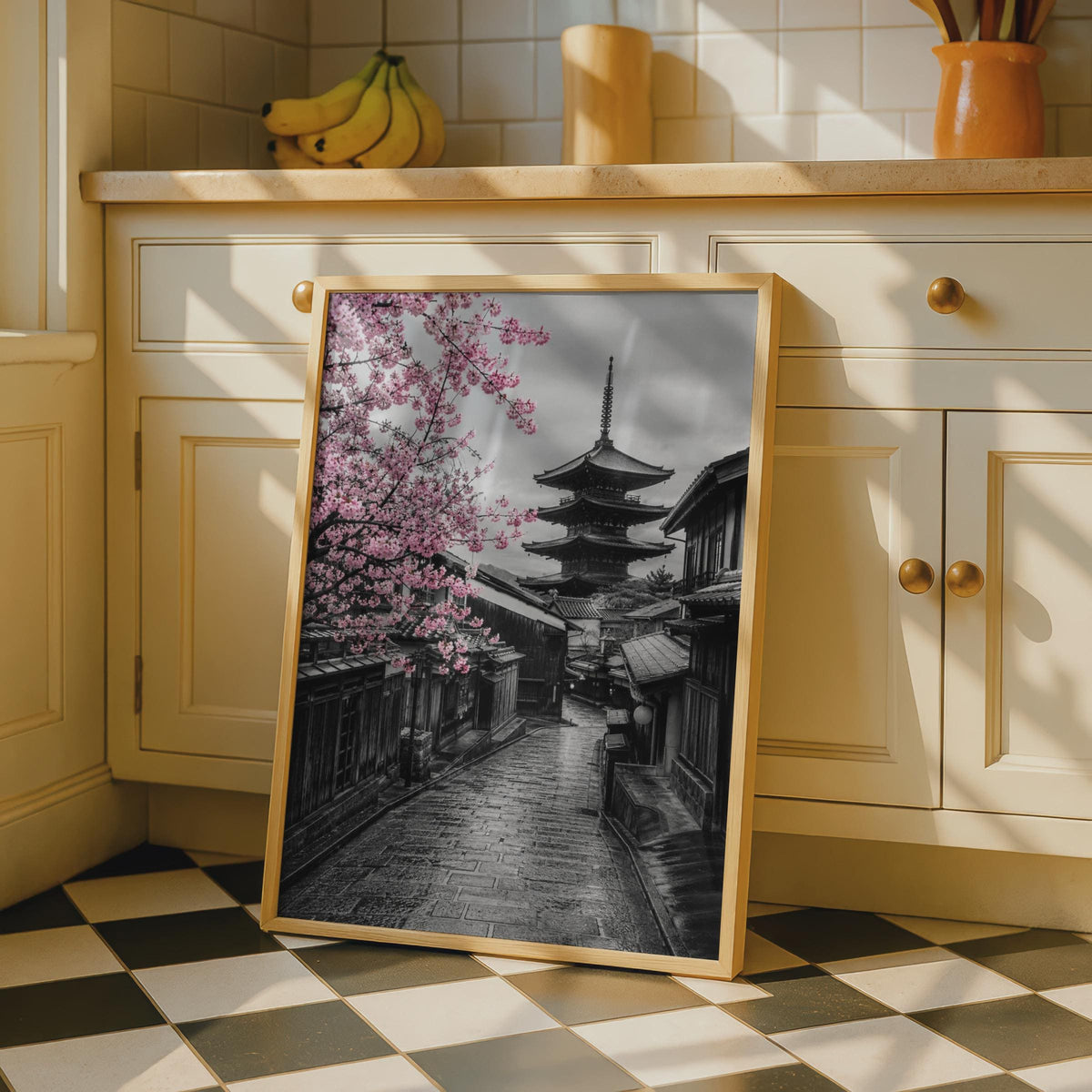 Kyoto Pagoda Cherry Blossom Poster, Japanese Street Art, Sakura Gion Decor