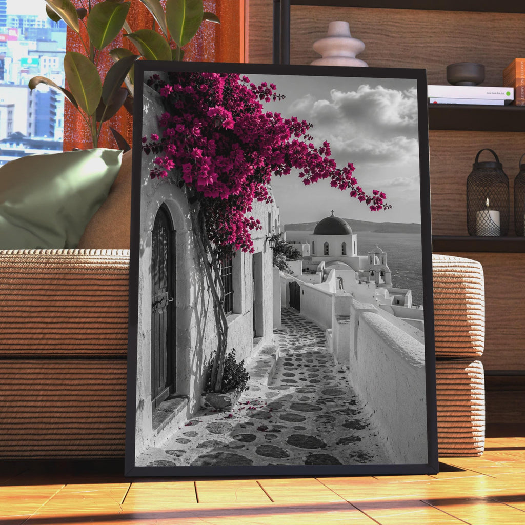 Santorini Greece Poster, Bougainvillea Wall Art, Oia Street, Mediterranean Print