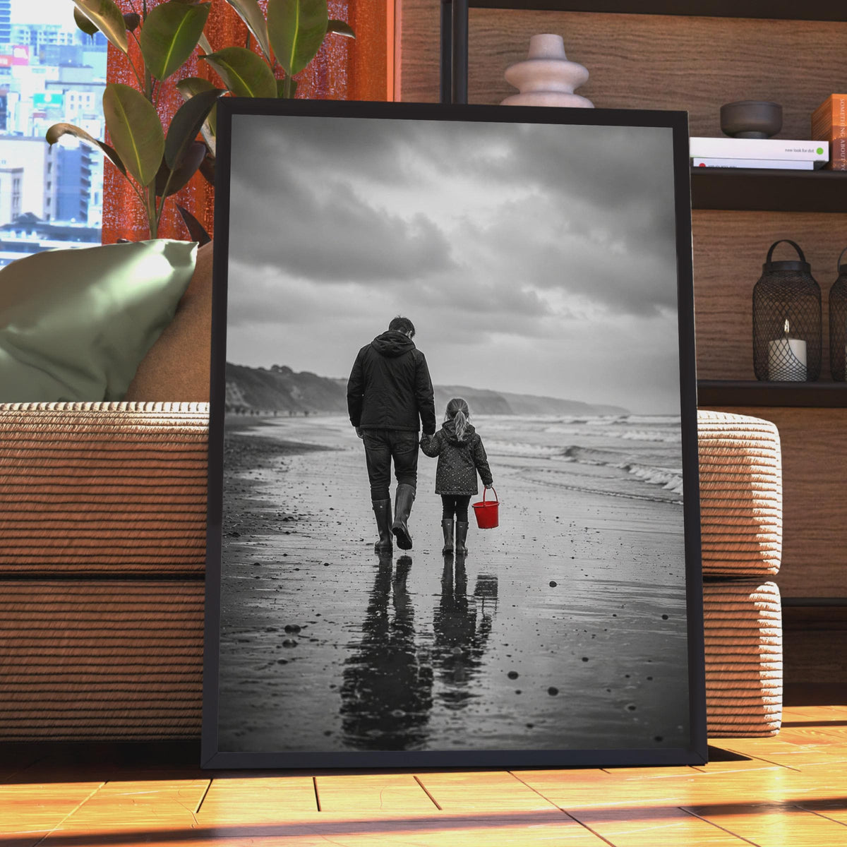 Father Daughter Beach Walk Poster, Black White Red Accent, Emotional Family Wall Art (Print)