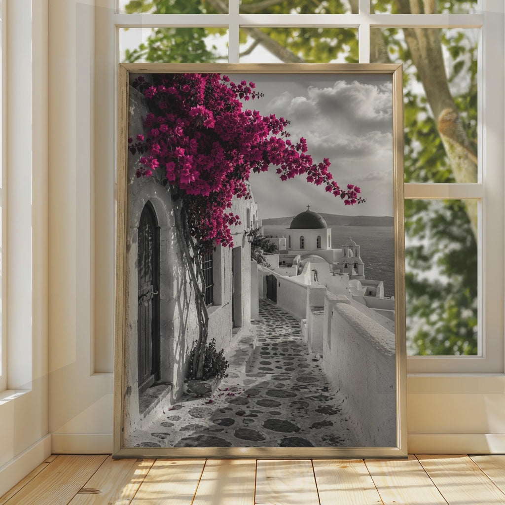Santorini Greece Poster, Bougainvillea Wall Art, Oia Street, Mediterranean Print
