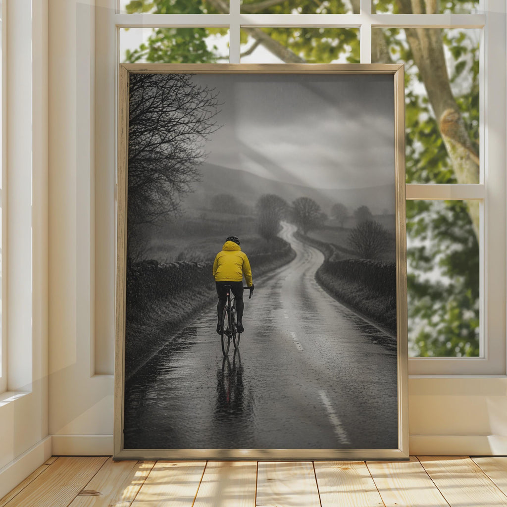 Cyclist in Rain Poster, Yellow Jacket Road Cycling Art, Black White Country Lane (Print)