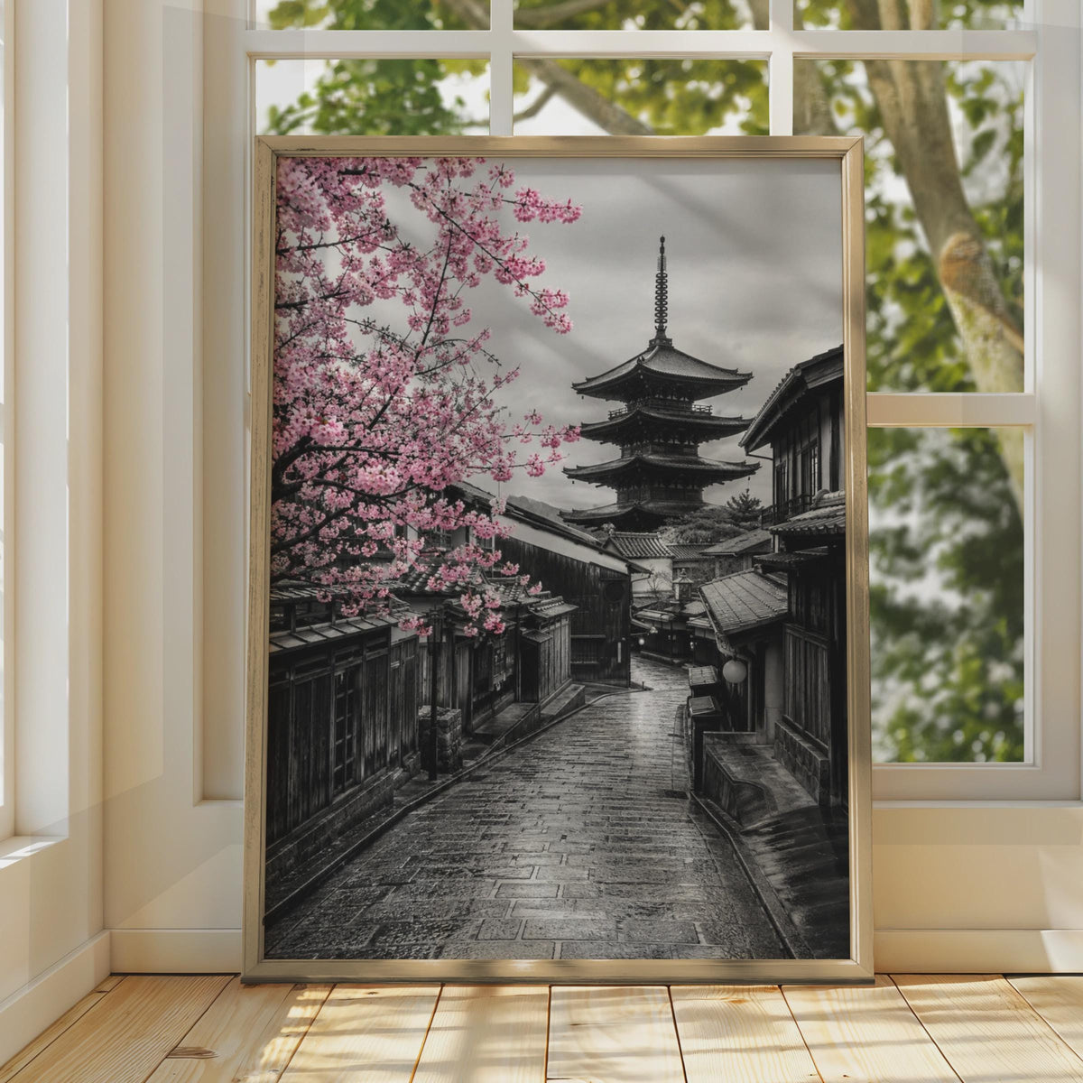 Kyoto Pagoda Cherry Blossom Poster, Japanese Street Art, Sakura Gion Decor