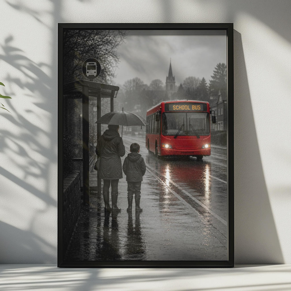 Rainy Day School Bus Stop Poster, Mother Child Umbrella, British Street Scene (Print)