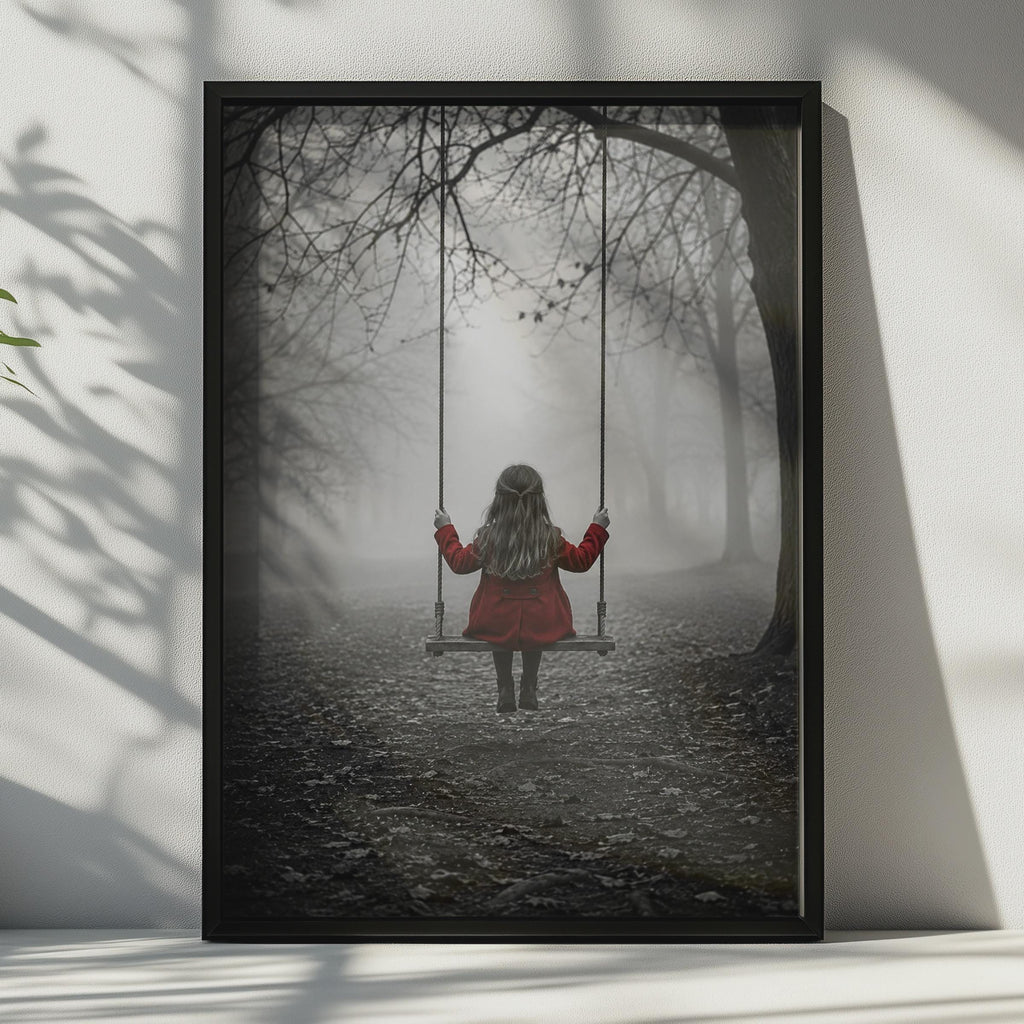 Girl on Swing Poster, Red Coat, Black and White Forest Art (Print)