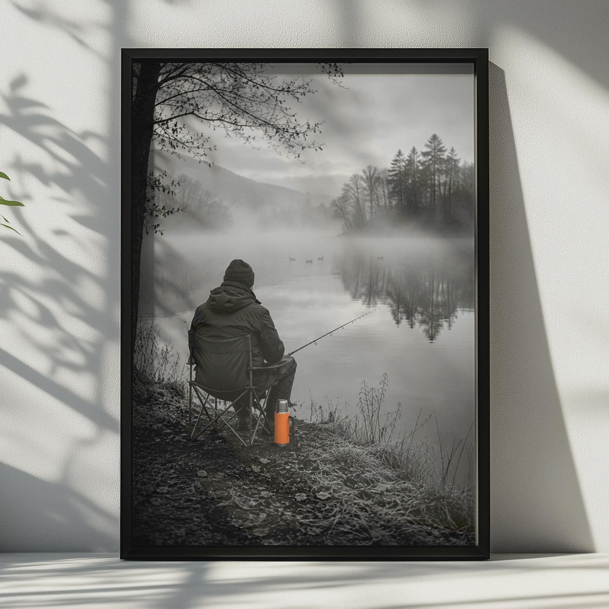 Misty Lake Fishing Poster, Moody Angler Wall Art, Man Cave Decor (Print)