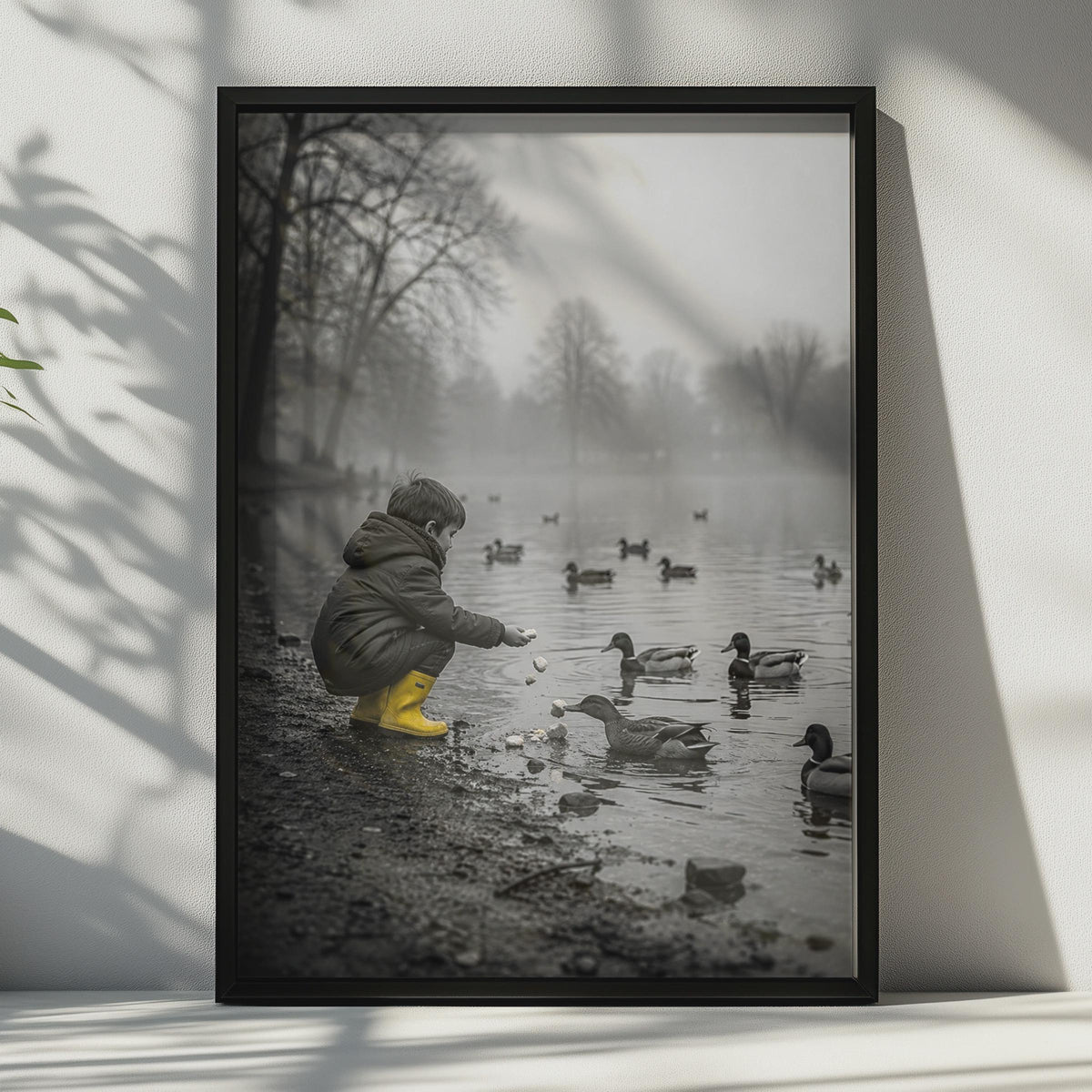 Child Feeding Ducks Poster, Black White Yellow Art, Misty Park Lake Print