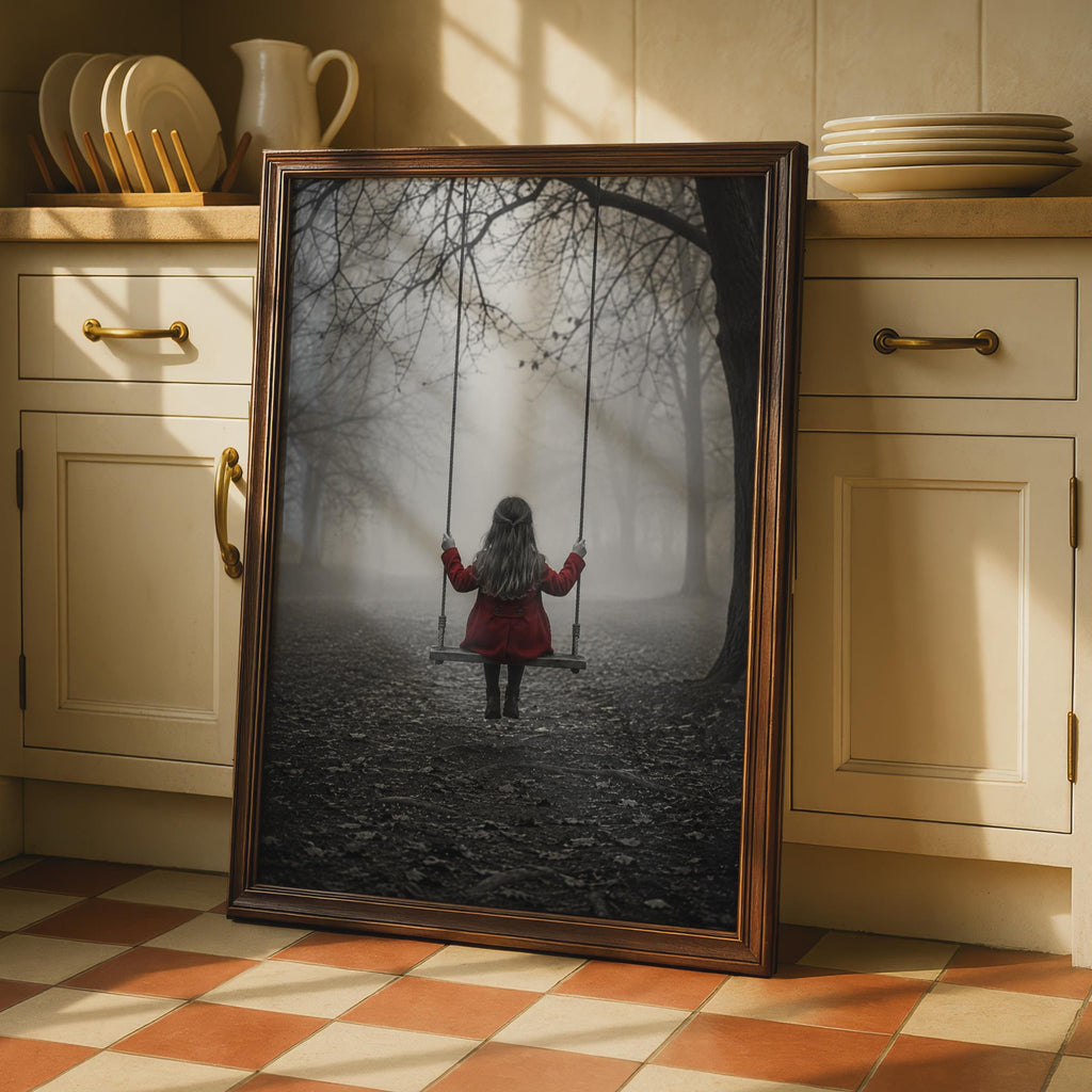 Girl on Swing Poster, Red Coat, Black and White Forest Art (Print)