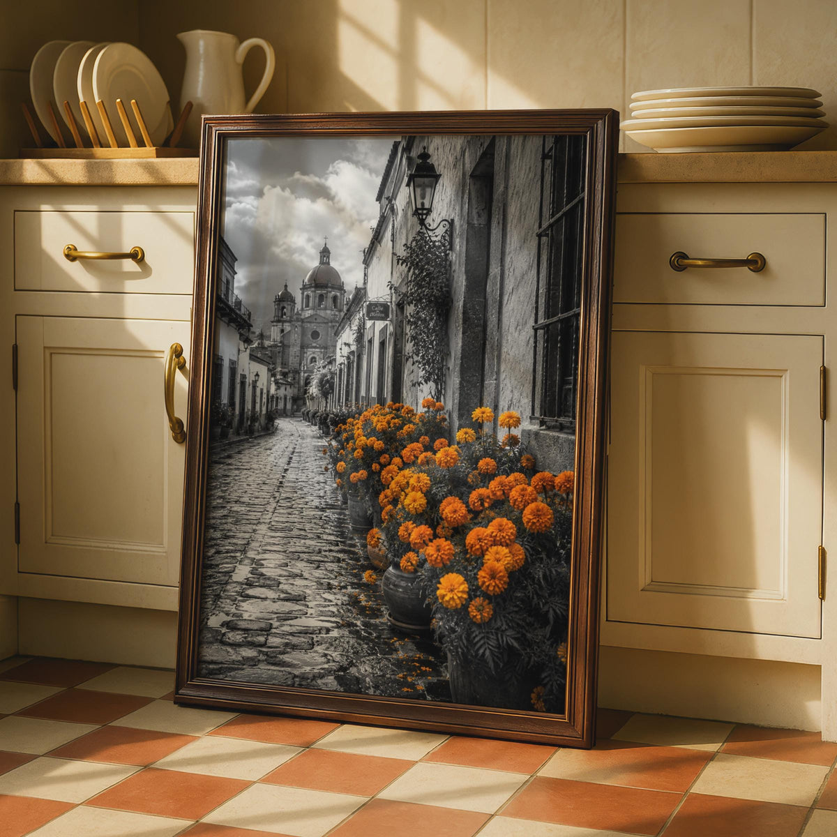 Mexican Street Marigold Poster, Black White Cobblestone Alley, Colonial Cathedral Wall Art (Print)