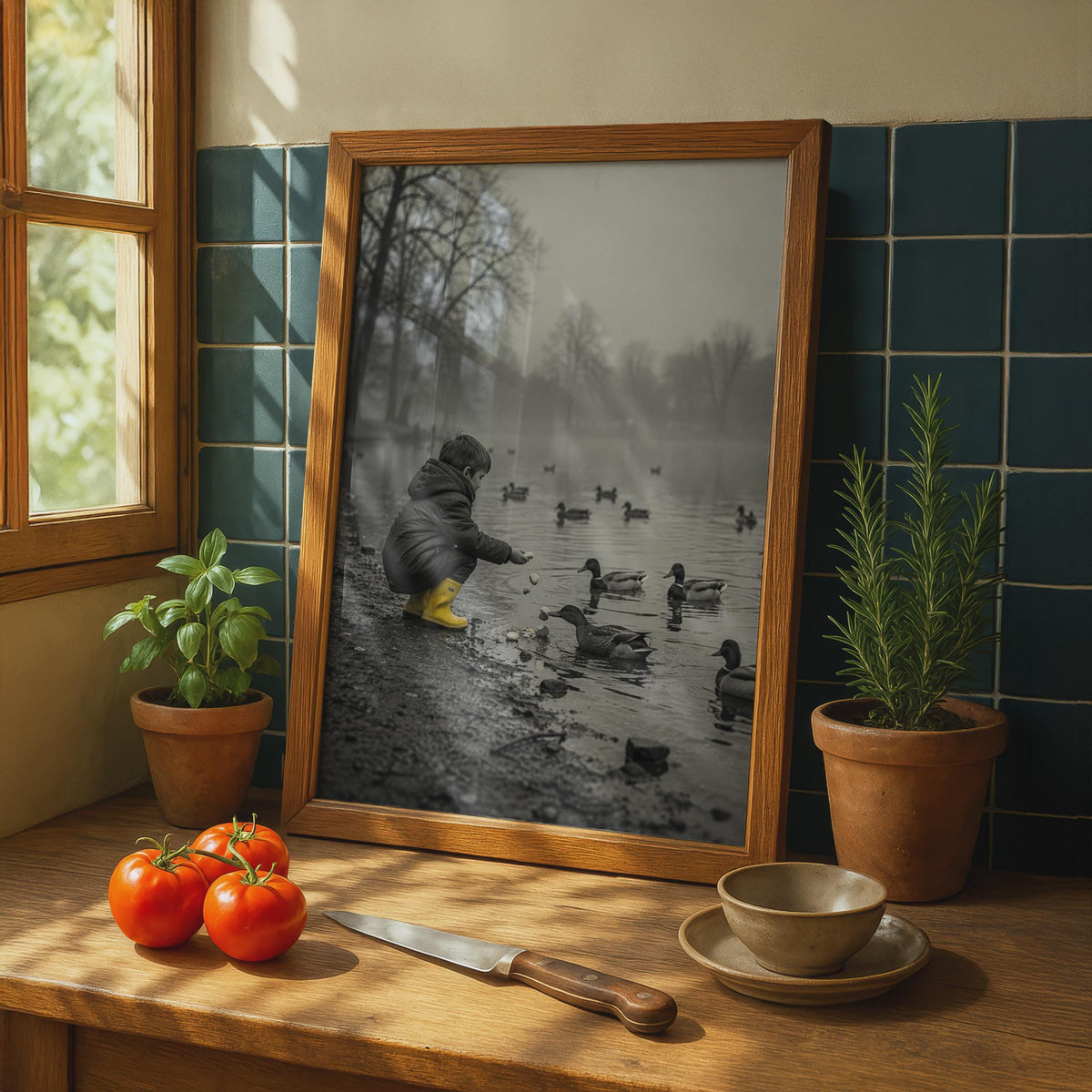 Child Feeding Ducks Poster, Black White Yellow Art, Misty Park Lake Print