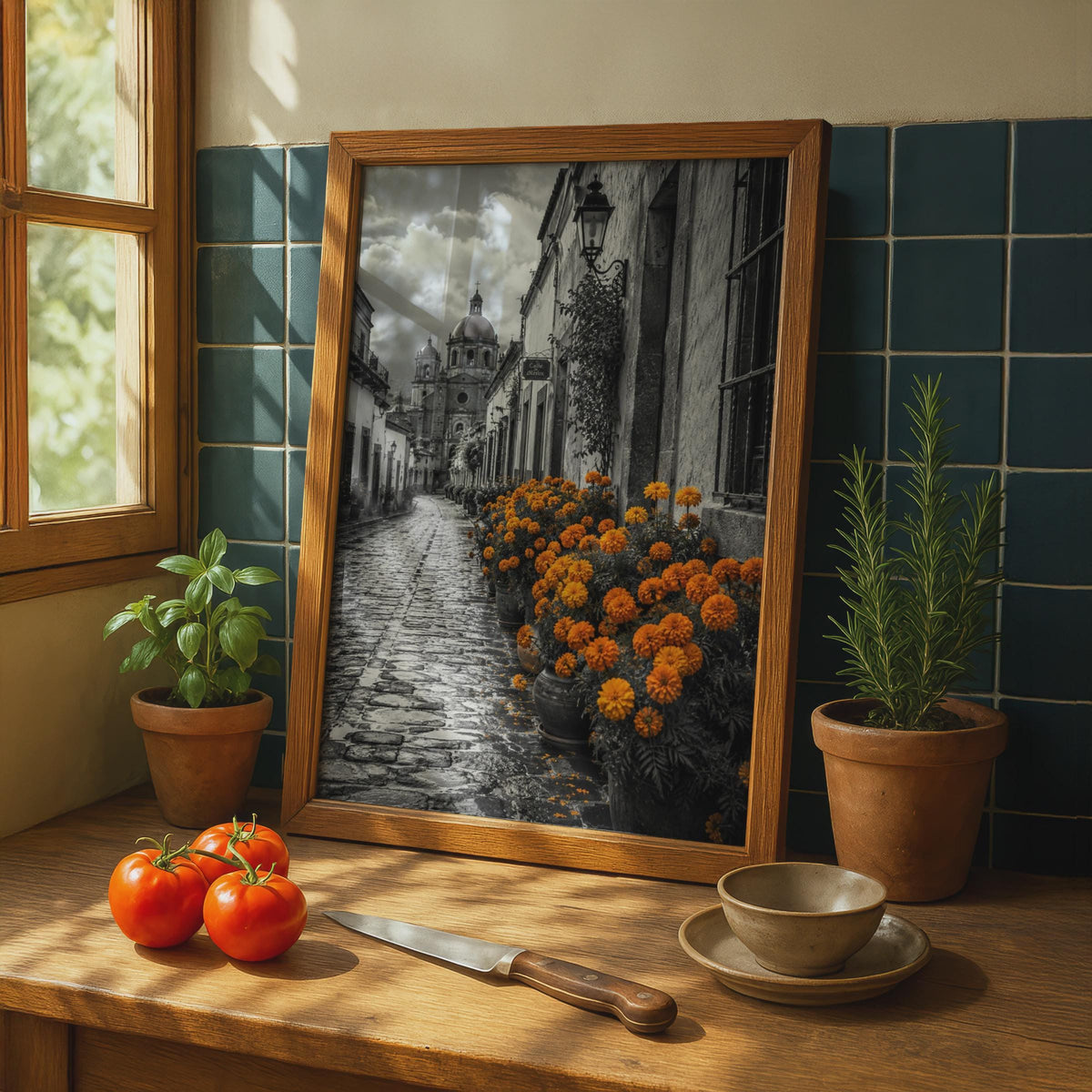 Mexican Street Marigold Poster, Black White Cobblestone Alley, Colonial Cathedral Wall Art (Print)