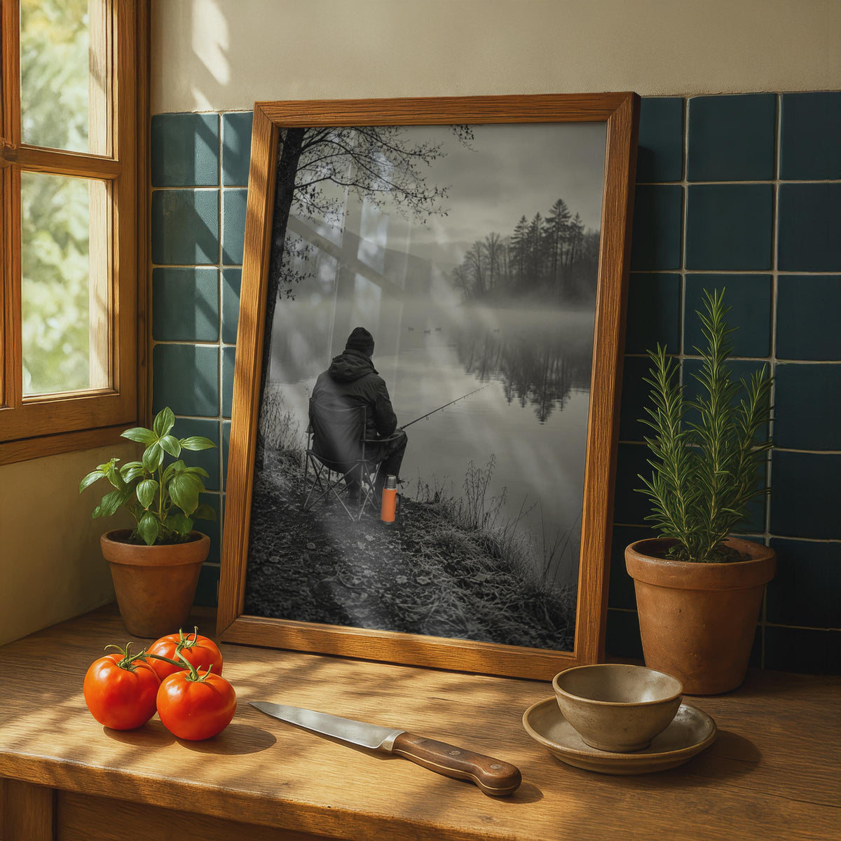 Misty Lake Fishing Poster, Moody Angler Wall Art, Man Cave Decor (Print)