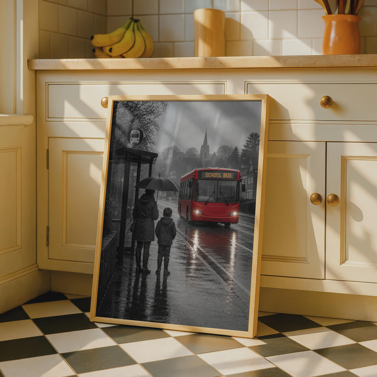 Rainy Day School Bus Stop Poster, Mother Child Umbrella, British Street Scene (Print)