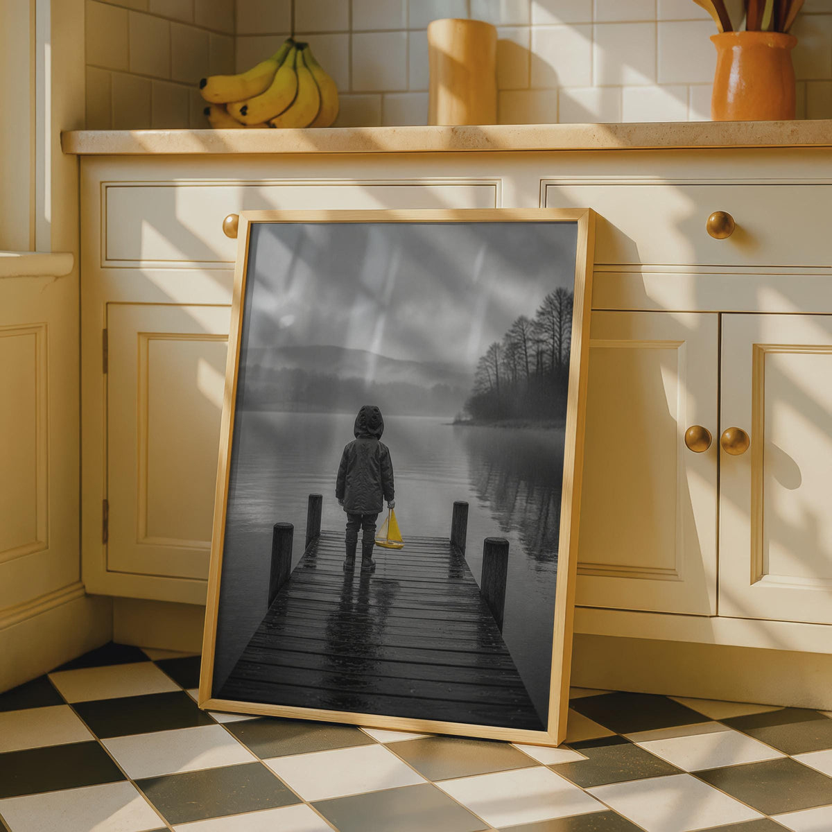 Child on Jetty Yellow Sailboat Poster, Moody Lake Art, Selective Colour Pop (Print)
