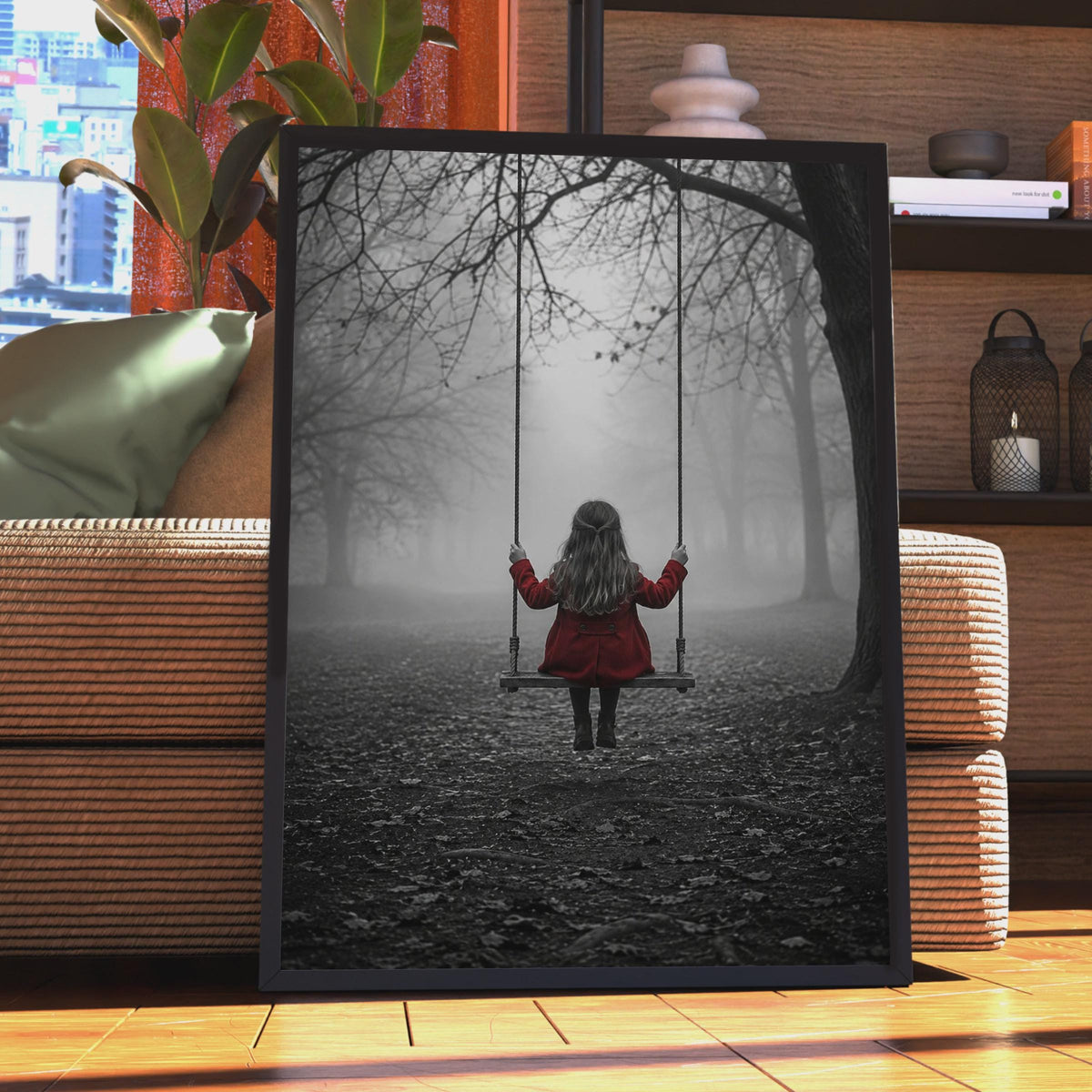 Girl on Swing Poster, Red Coat, Black and White Forest Art (Print)