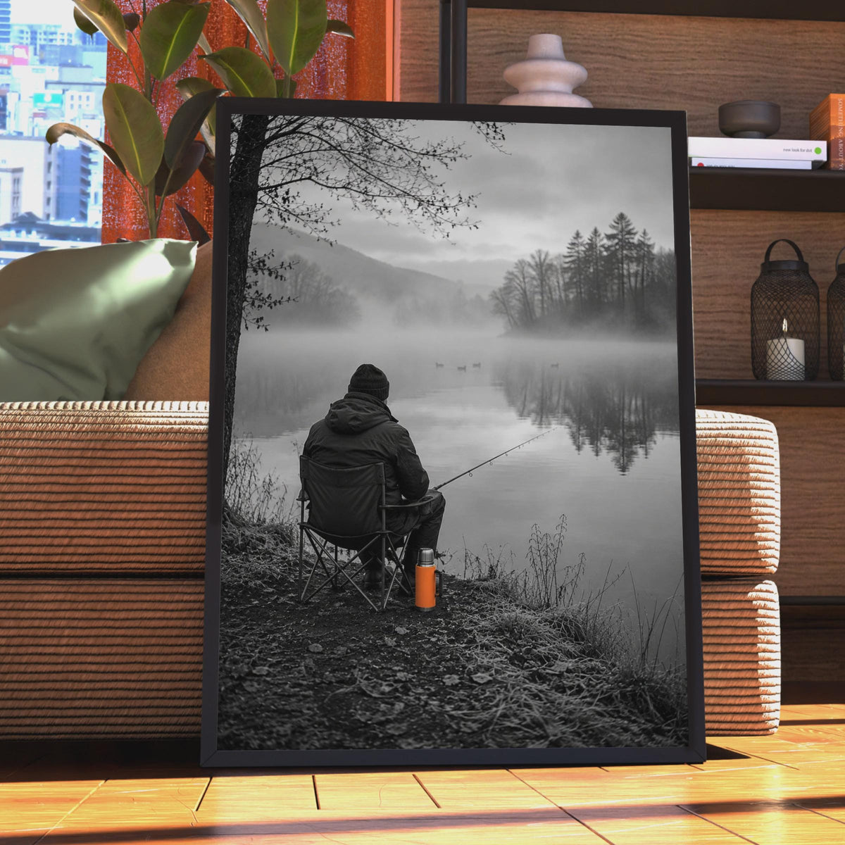 Misty Lake Fishing Poster, Moody Angler Wall Art, Man Cave Decor (Print)