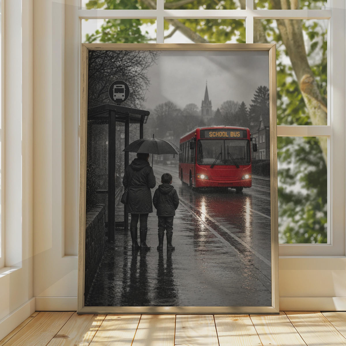 Rainy Day School Bus Stop Poster, Mother Child Umbrella, British Street Scene (Print)