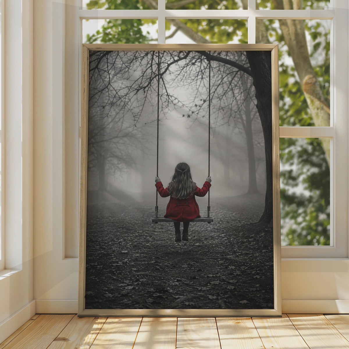 Girl on Swing Poster, Red Coat, Black and White Forest Art (Print)