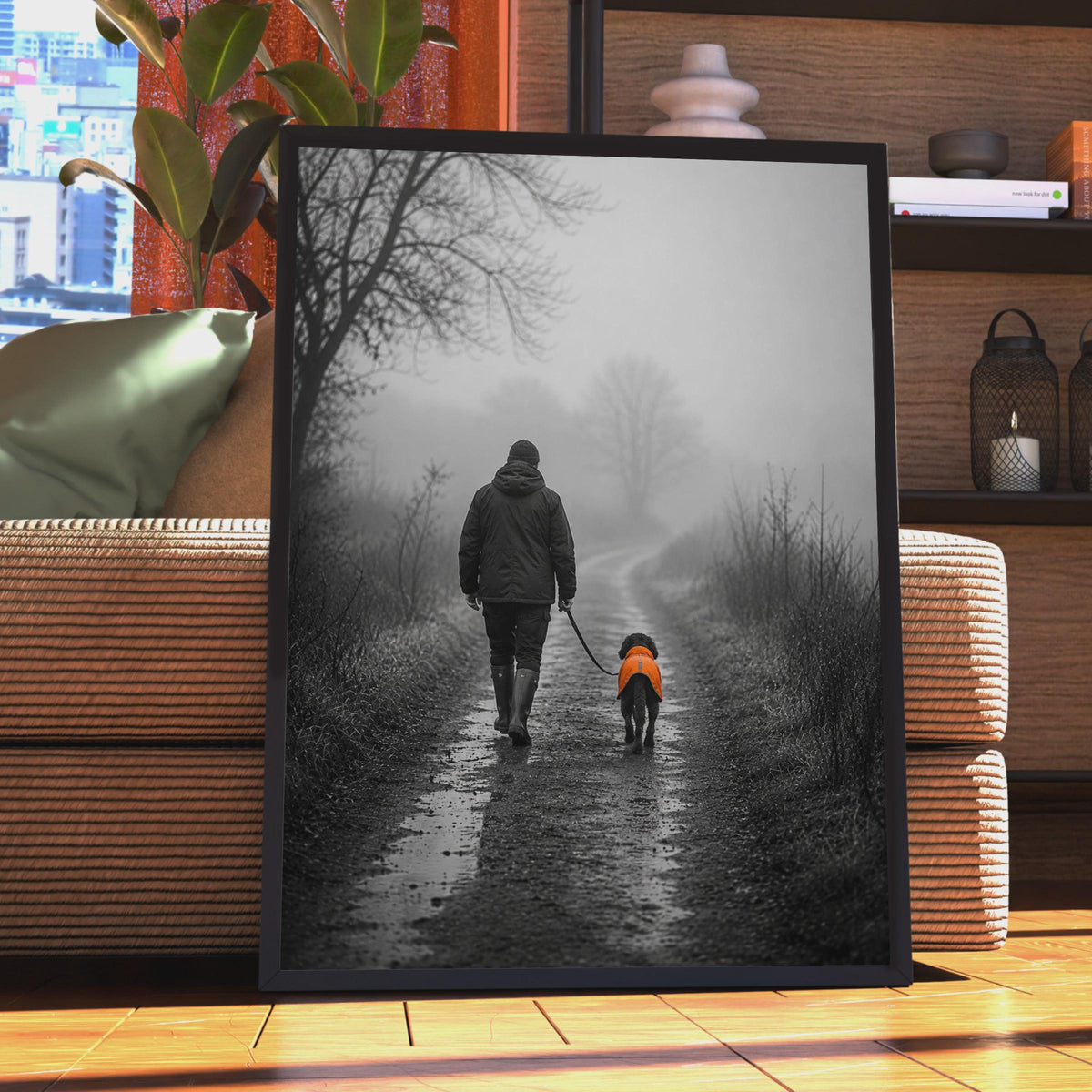 Misty Country Path Dog Walk Poster, Moody Rural Countryside Art