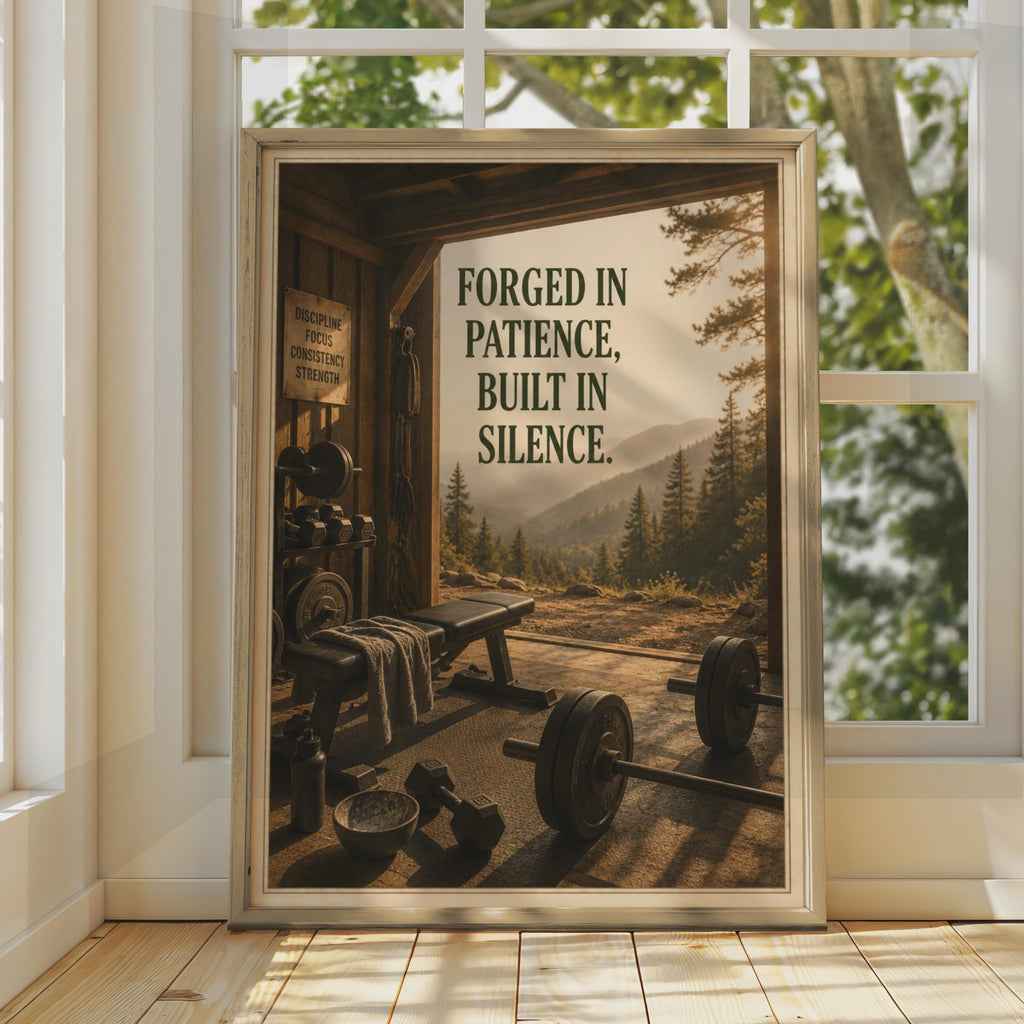 Forged In Patience, Built In Silence Gym Poster, Motivational Fitness Art