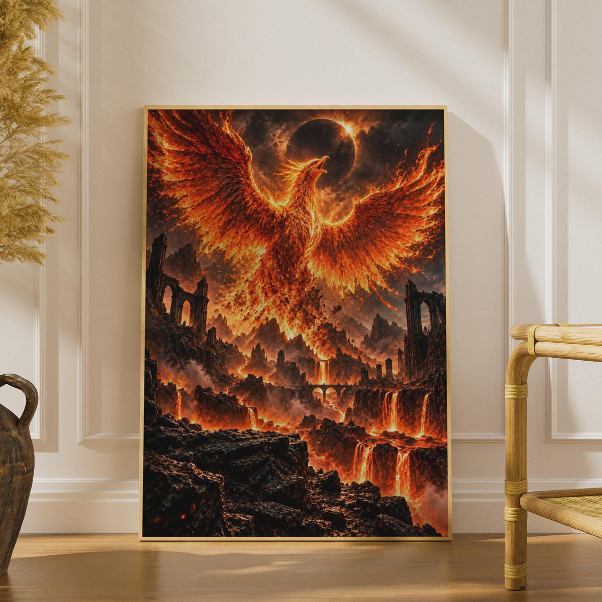 Phoenix Rising Fantasy Wall Art Print, Fire Bird Lava Eclipse Decor
