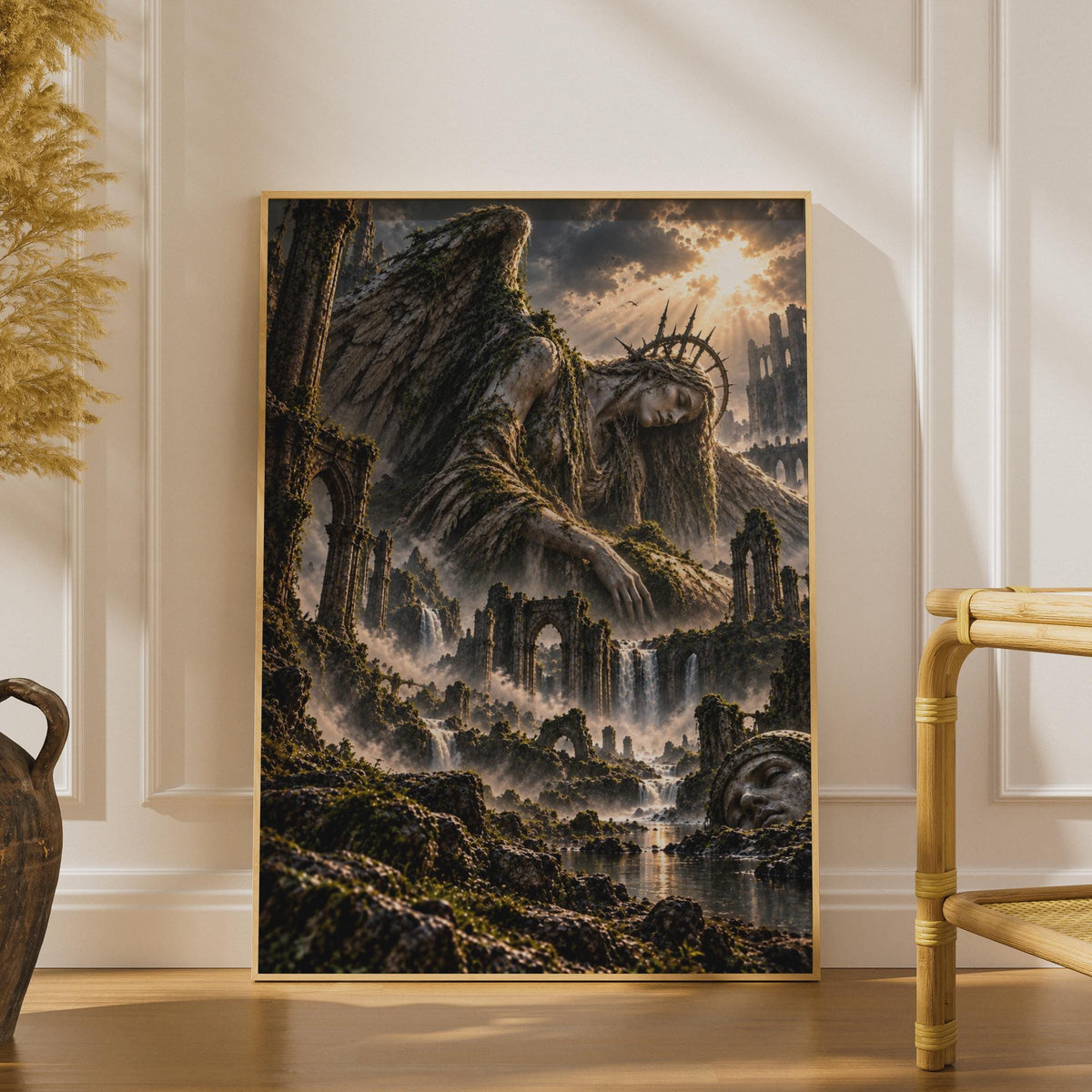 Fallen Angel Ruins Fantasy Poster, Dark Gothic Winged Goddess, Moody Surreal Wall Art