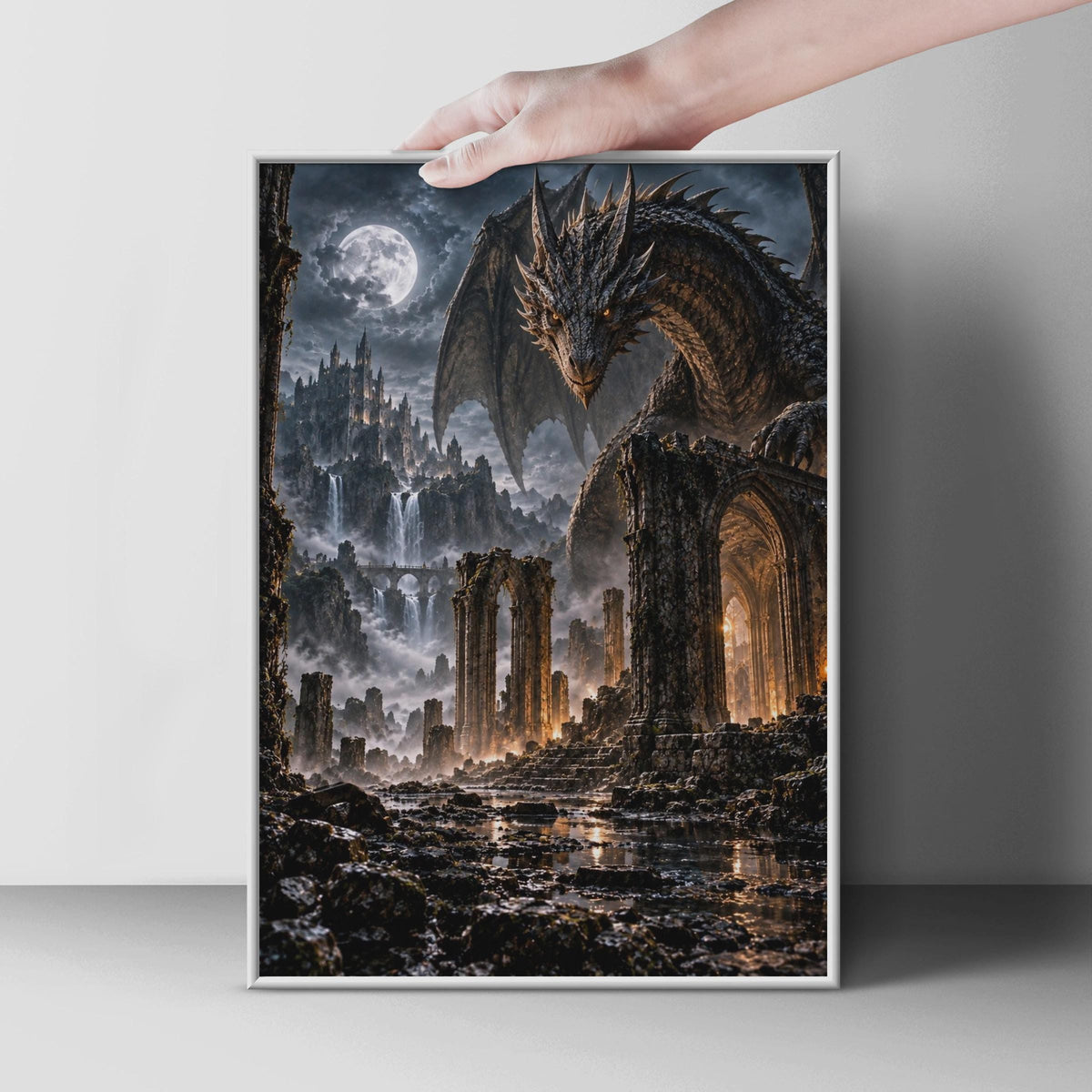 Dark Fantasy Dragon Poster, Gothic Castle Ruins, Moonlit Night Art (Print)