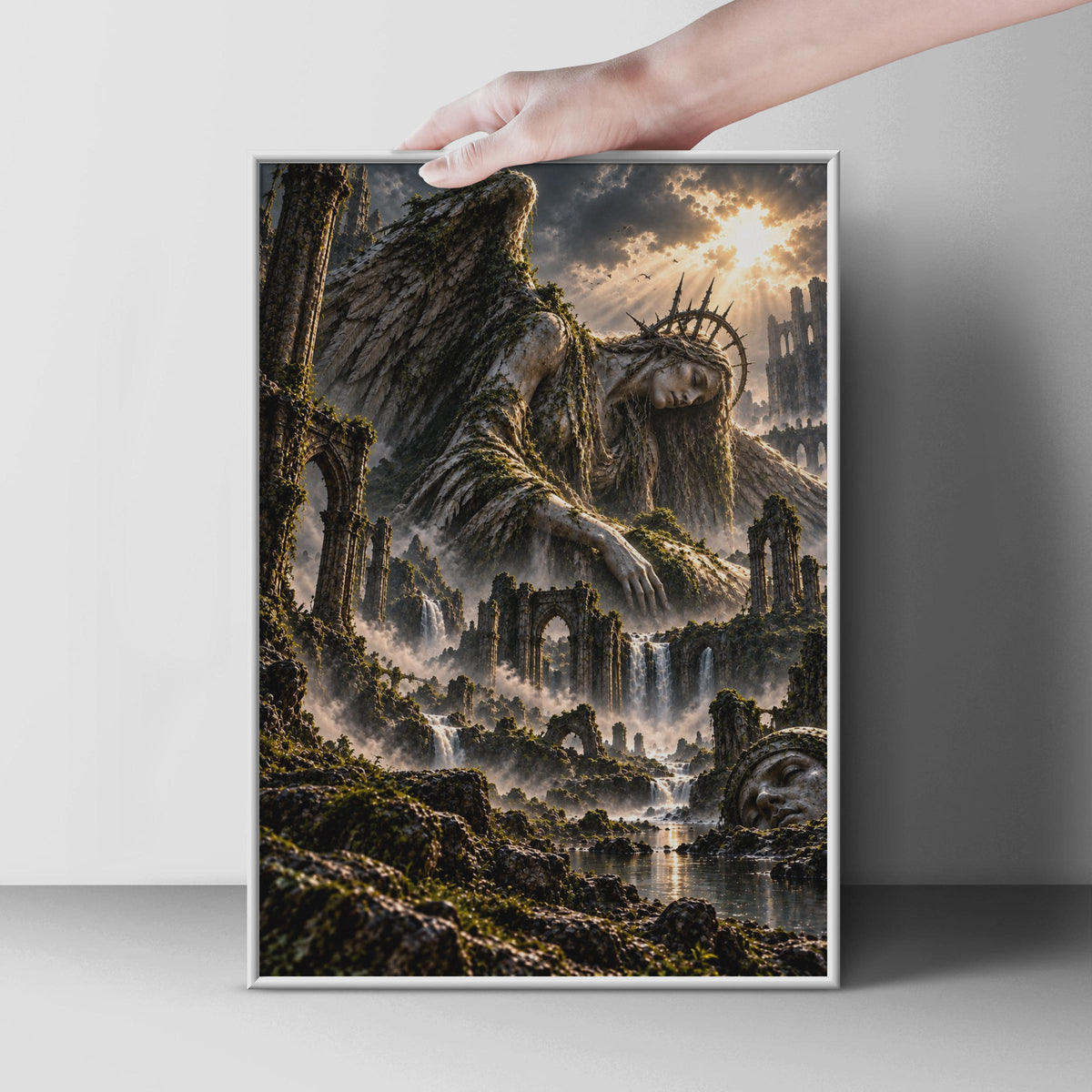 Fallen Angel Ruins Fantasy Poster, Dark Gothic Winged Goddess, Moody Surreal Wall Art