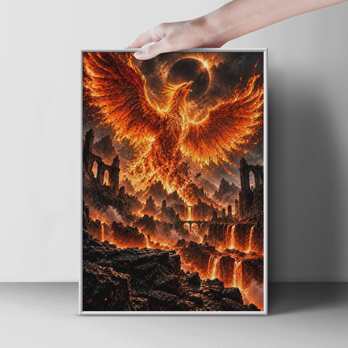 Phoenix Rising Fantasy Wall Art Print, Fire Bird Lava Eclipse Decor
