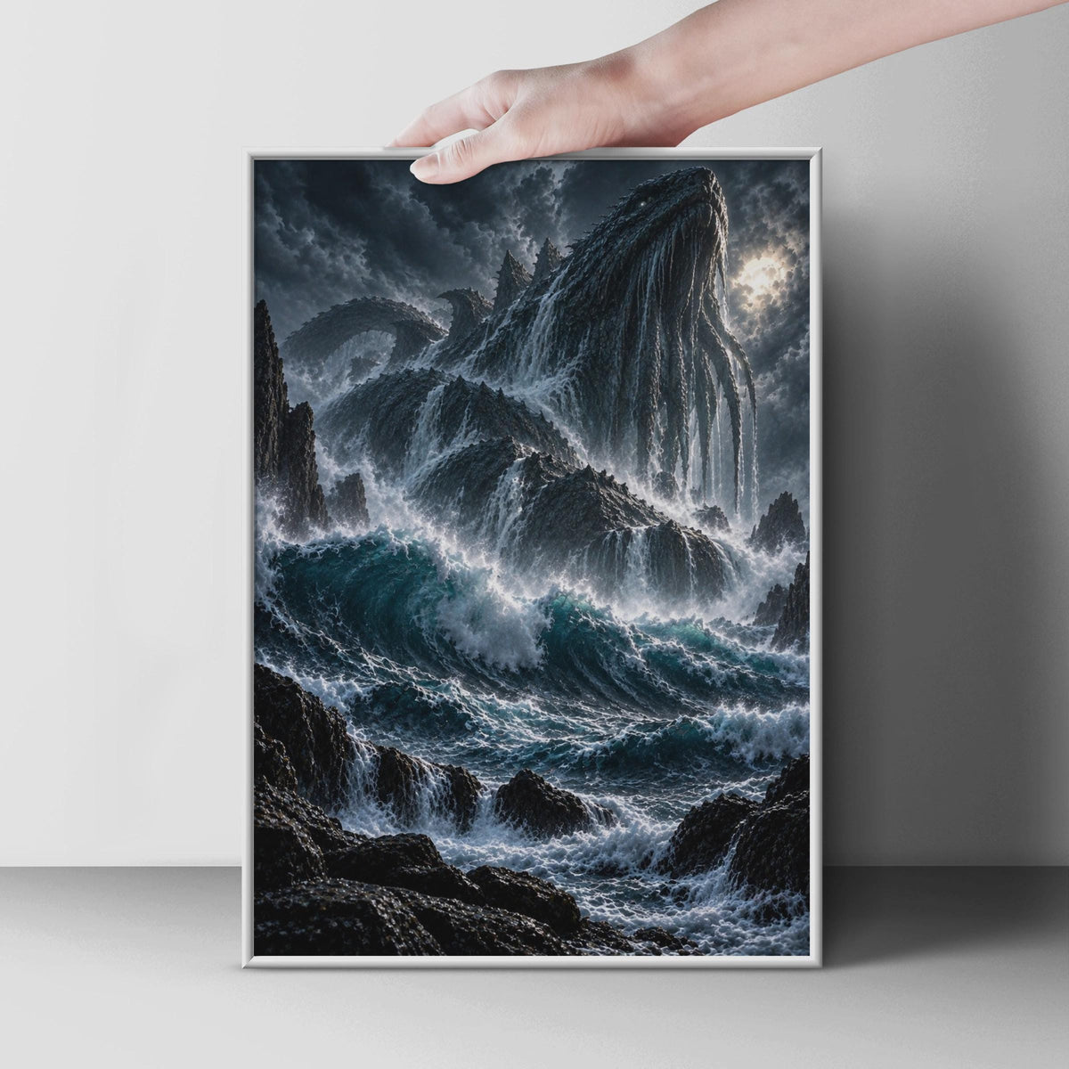 Cthulhu Rising Dark Fantasy Poster, Lovecraftian Sea Monster, Stormy Waves Gothic Tentacle Art (Print)