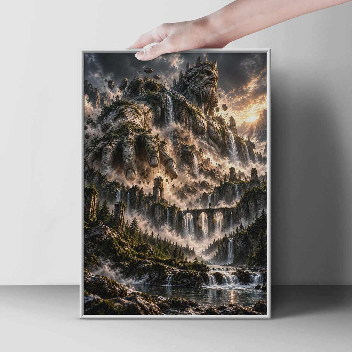 Stone Giant Fantasy Landscape Poster, Mythical Mountain God, Dark Fantasy Waterfall Forest Print