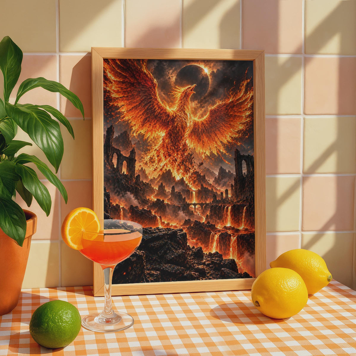 Phoenix Rising Fantasy Wall Art Print, Fire Bird Lava Eclipse Decor