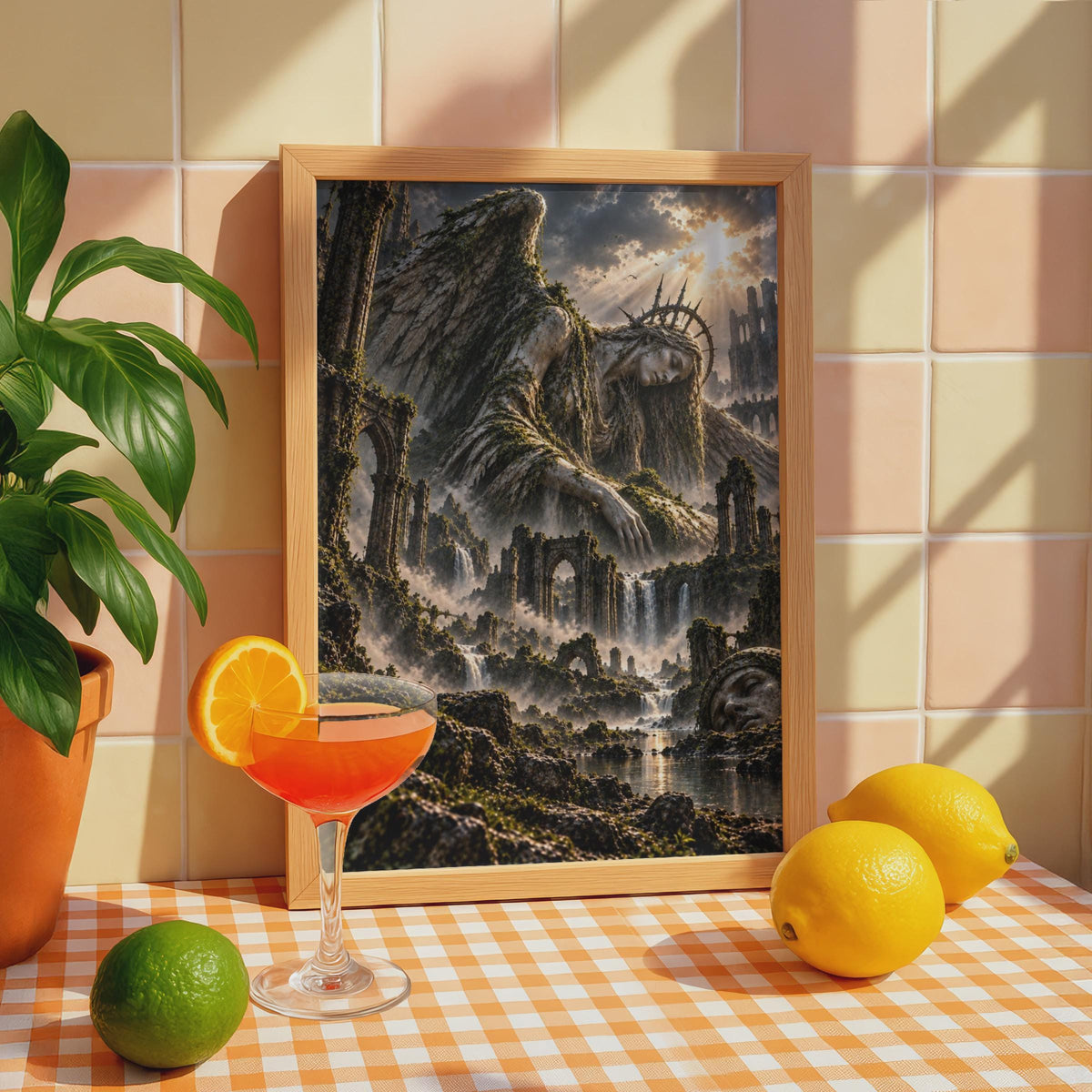 Fallen Angel Ruins Fantasy Poster, Dark Gothic Winged Goddess, Moody Surreal Wall Art
