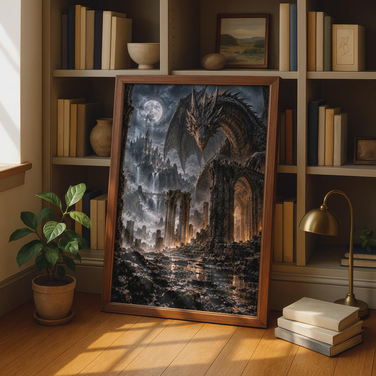 Dark Fantasy Dragon Poster, Gothic Castle Ruins, Moonlit Night Art (Print)