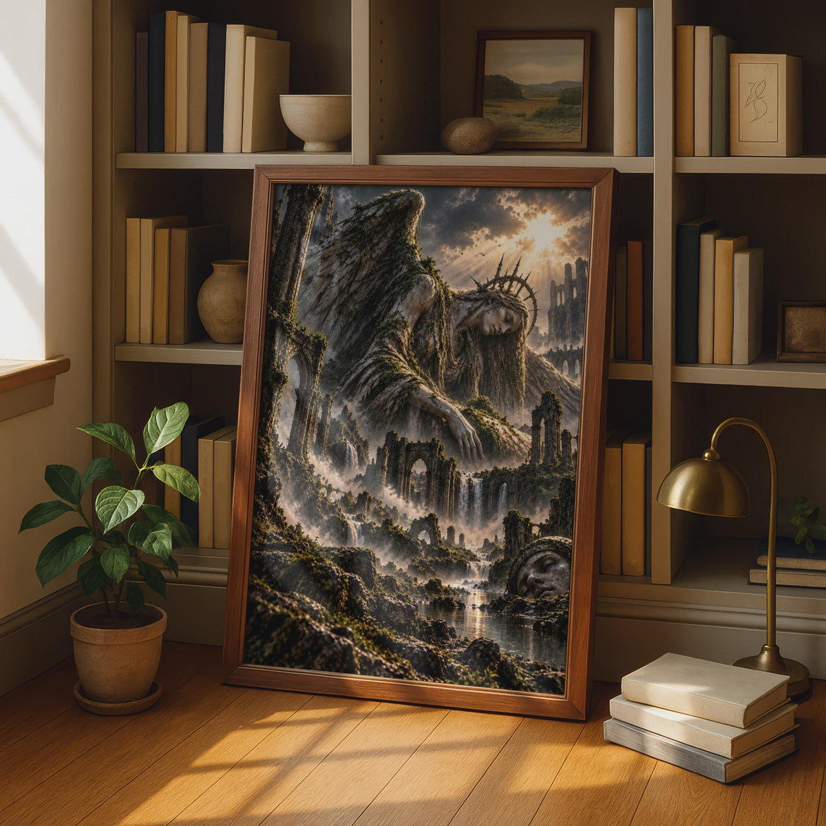 Fallen Angel Ruins Fantasy Poster, Dark Gothic Winged Goddess, Moody Surreal Wall Art