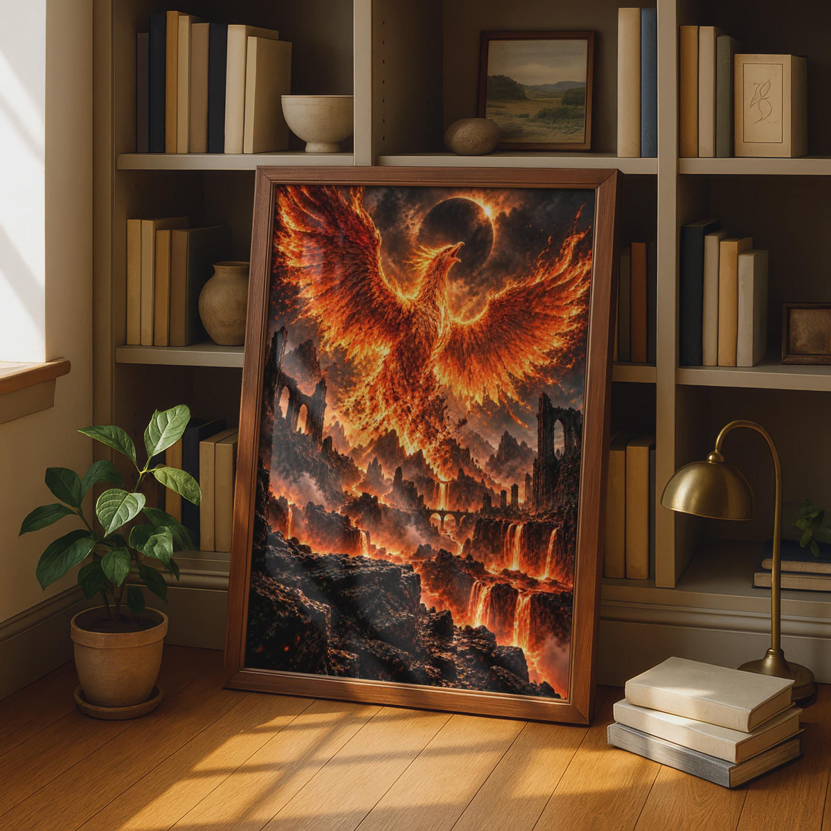 Phoenix Rising Fantasy Wall Art Print, Fire Bird Lava Eclipse Decor