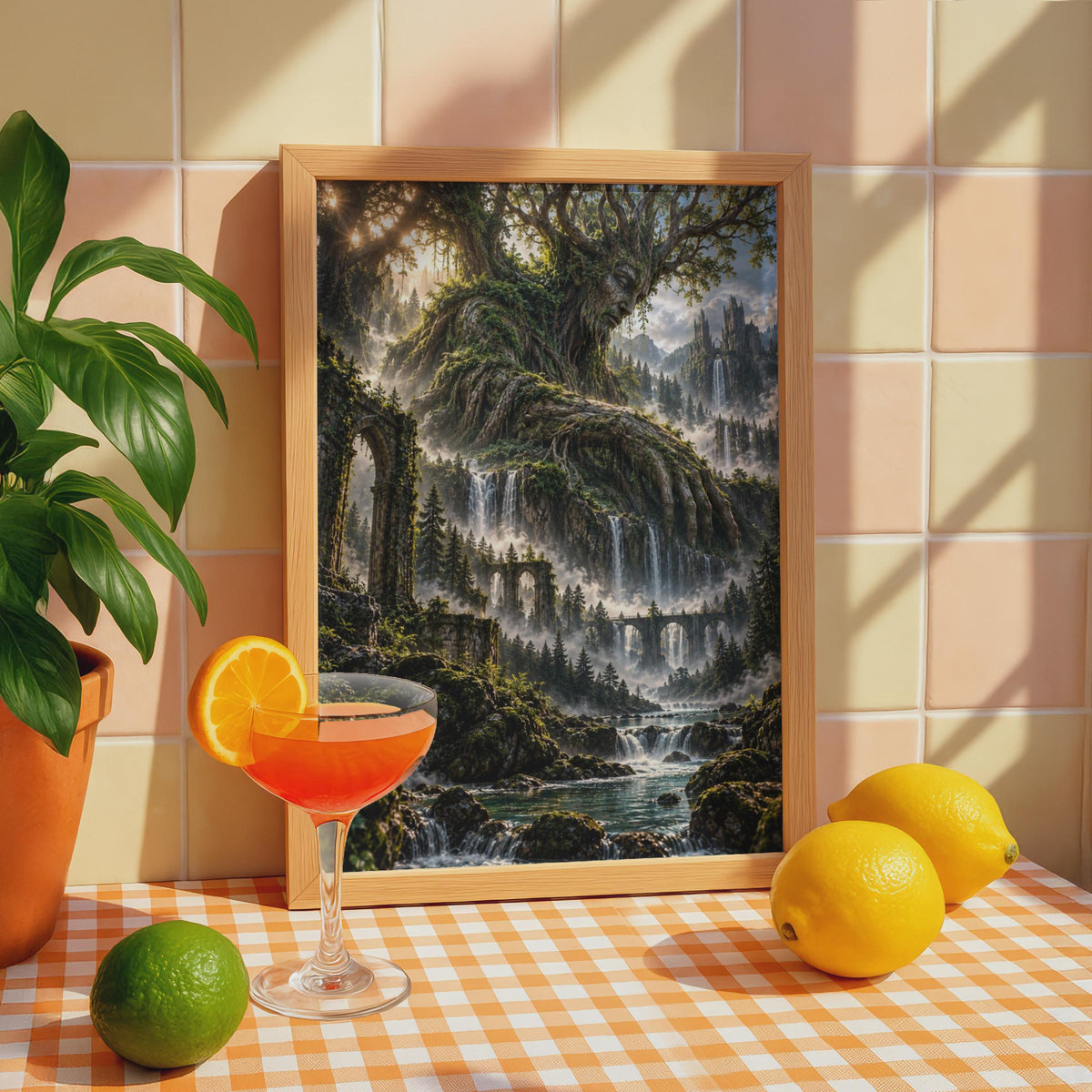Fantasy Tree Spirit Landscape Poster, Enchanted Forest Waterfall Wall Art