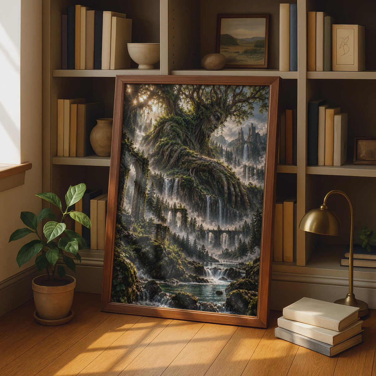 Fantasy Tree Spirit Landscape Poster, Enchanted Forest Waterfall Wall Art