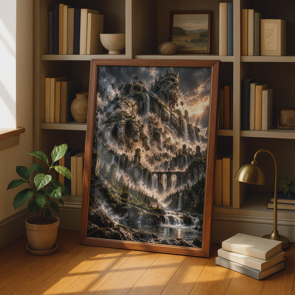 Stone Giant Fantasy Landscape Poster, Mythical Mountain God, Dark Fantasy Waterfall Forest Print