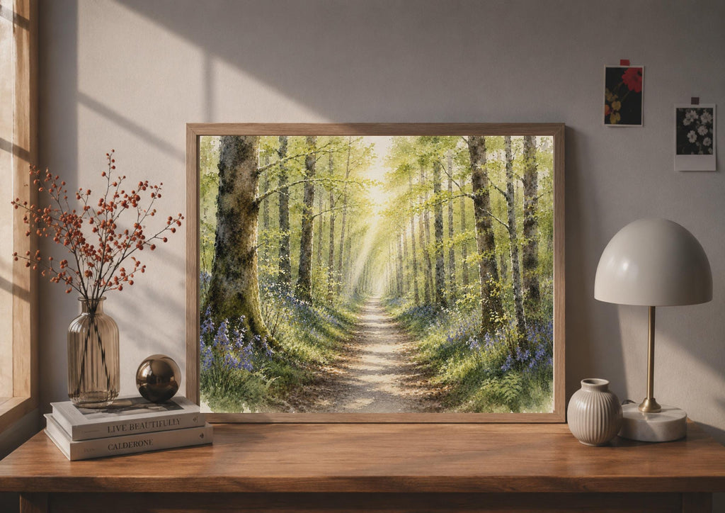 Bluebell Woodland Path Watercolour Poster, Spring Nature Wall Art (Print)