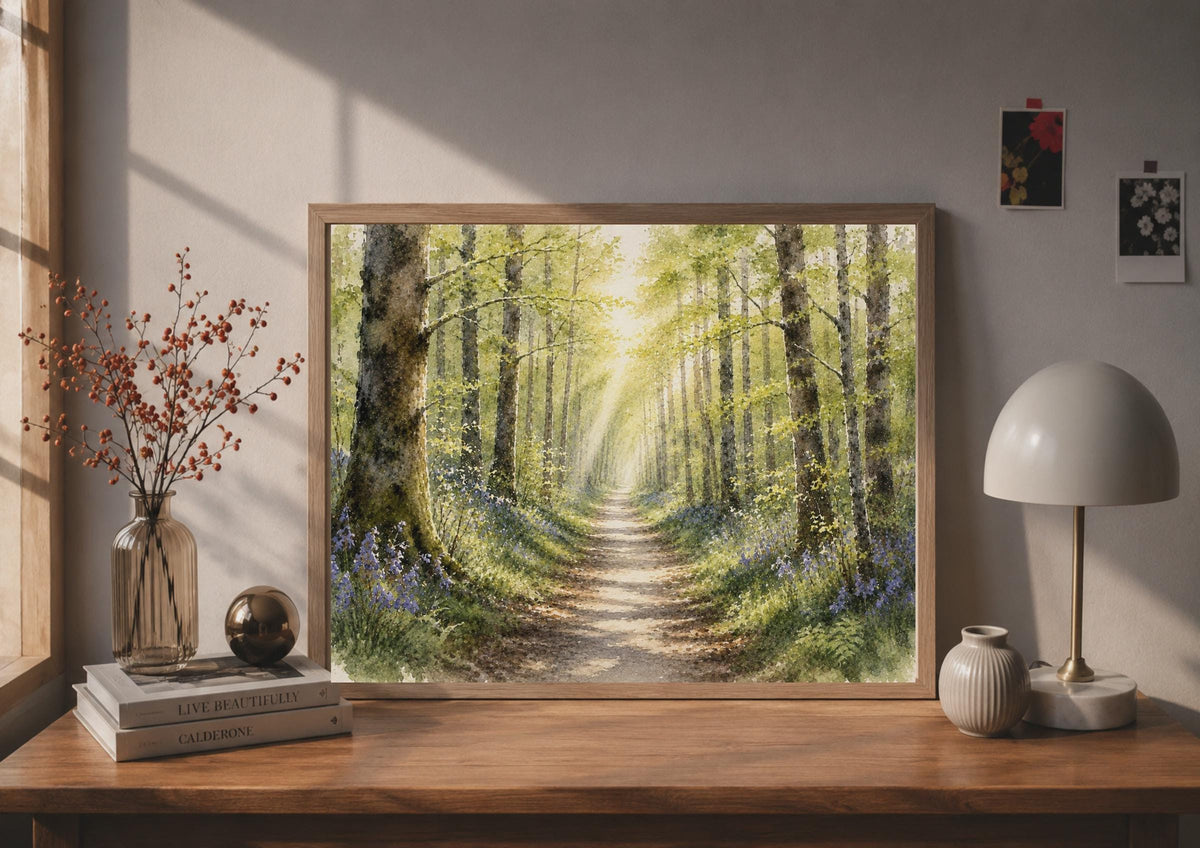 Bluebell Woodland Path Watercolour Poster, Spring Nature Wall Art (Print)