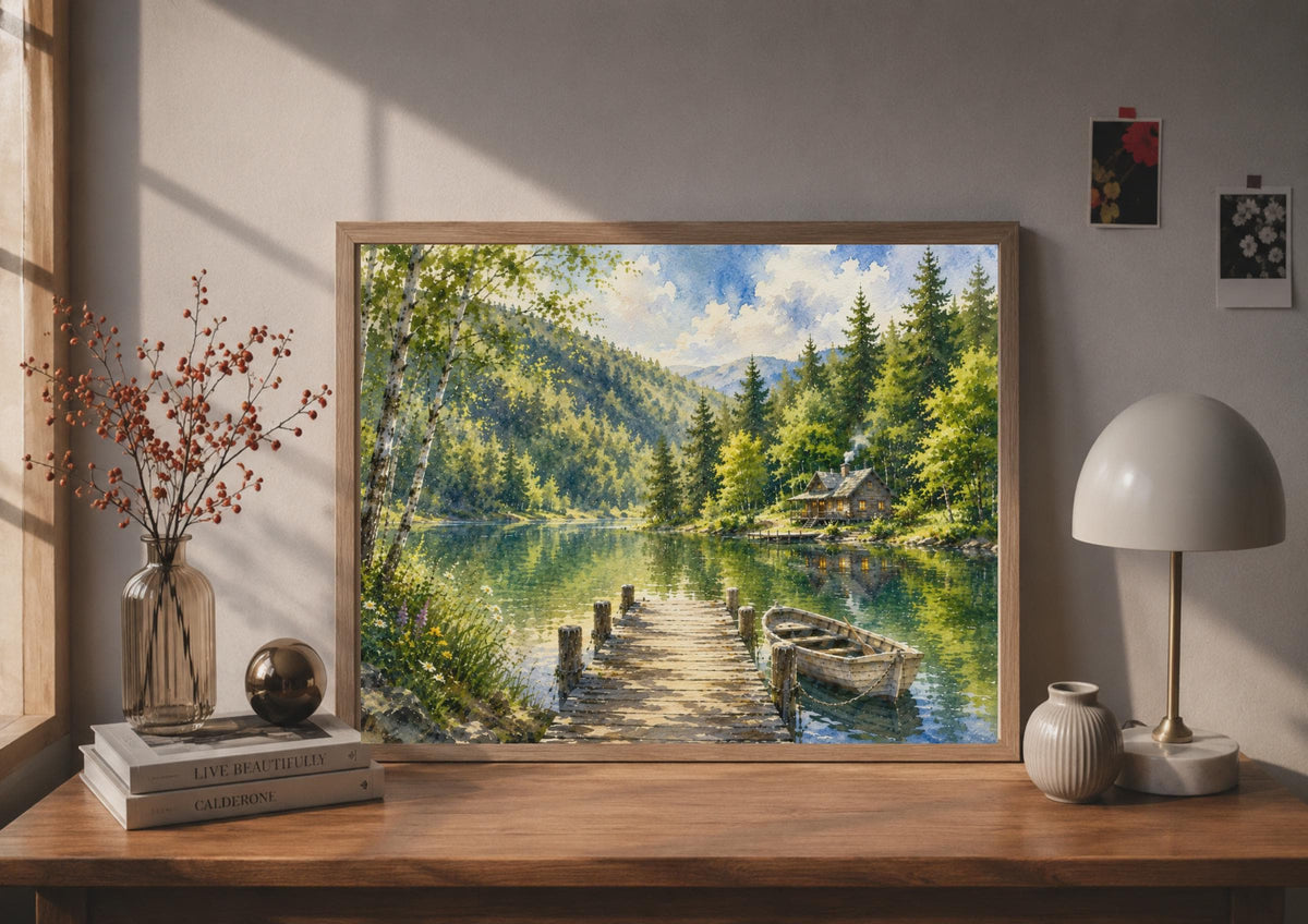 Watercolour Lake Cabin Poster, Rustic Woodland Scene, Mountain Forest Nature Art (Physical Print)