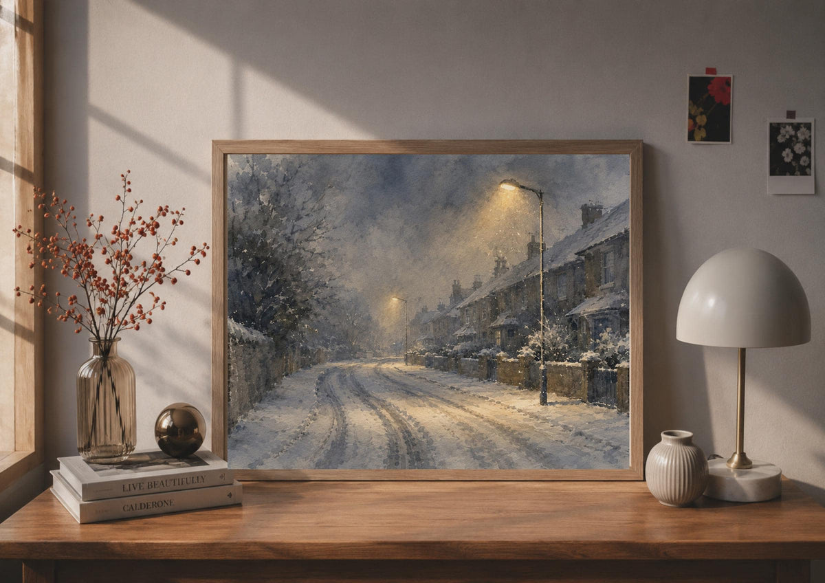 Snowy English Village Street Watercolour Print, Winter Night Cottage Scene (Poster)