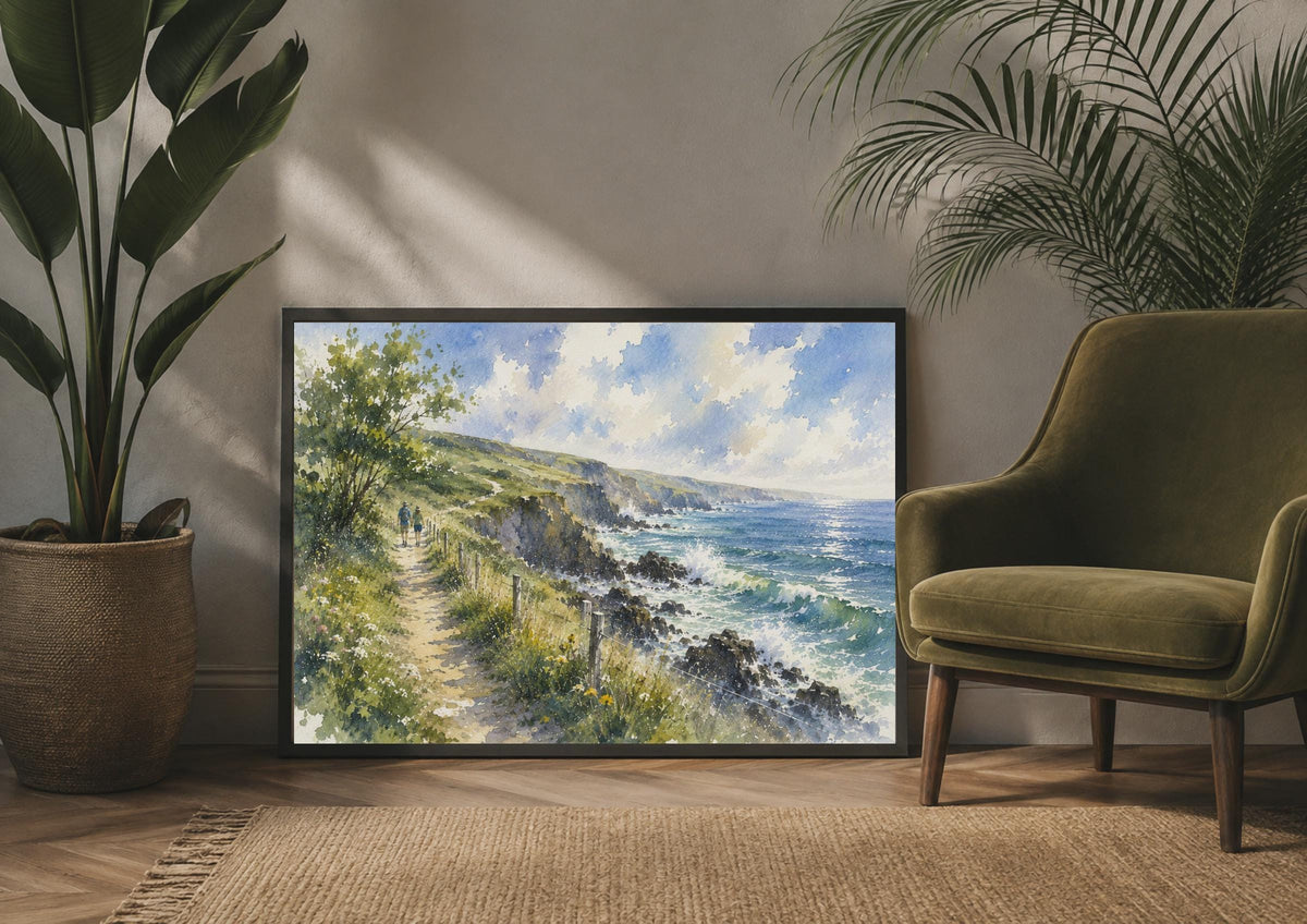Coastal Path Walk Watercolour Poster, Couple Clifftop Sea View, British Coastline Wall Art (Print)