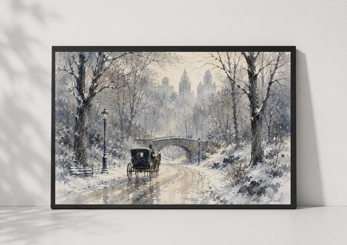 Central Park Winter Carriage Watercolour Poster, Snowy NYC Scene, Grey Living Room Decor