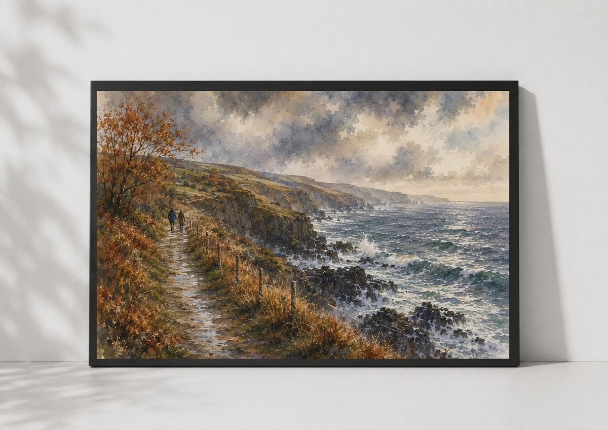 Coastal Cliff Walk Watercolour Poster, Stormy Seascape, Autumn Coast Path (Print)