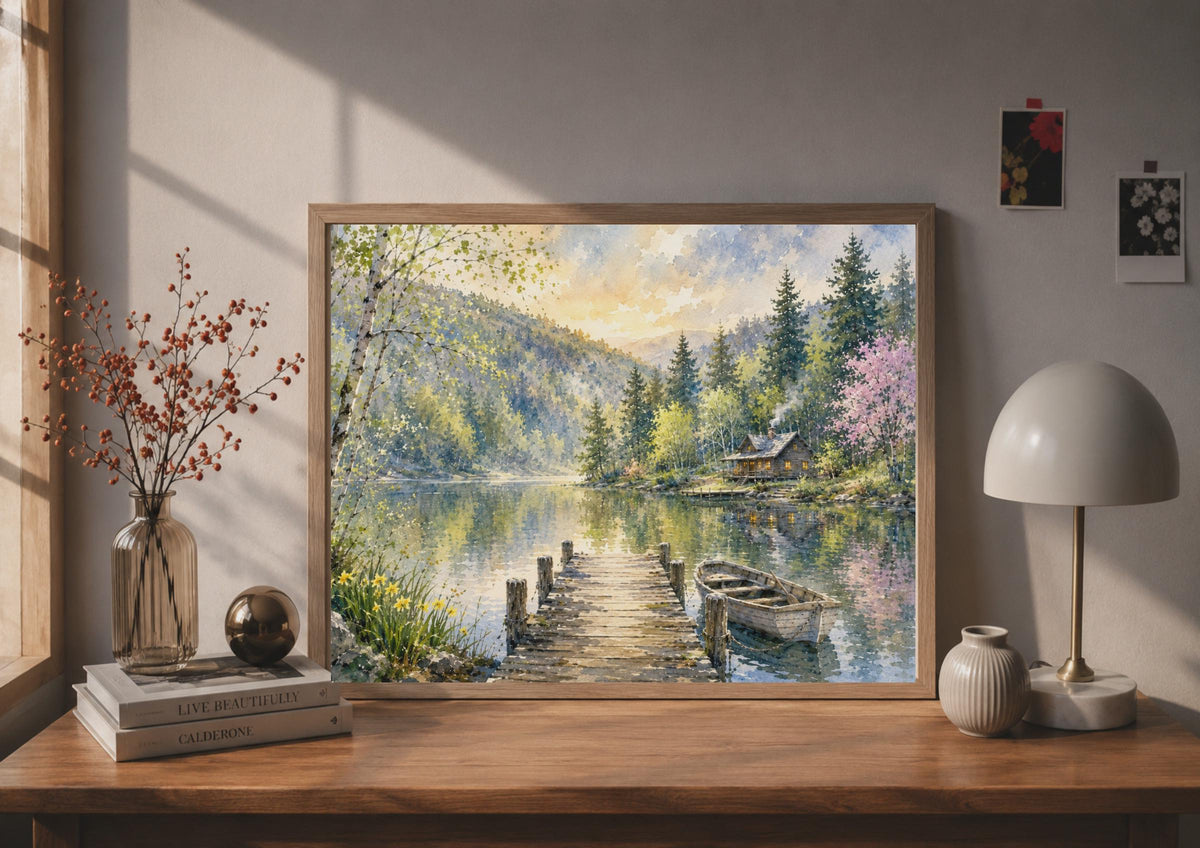 Watercolour Lake Cabin Poster, Rustic Lakeside Dock Boat, Countryside Home Decor